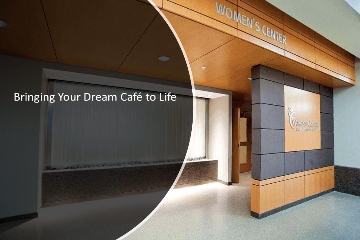 Women's Center entrance with modern design, featuring a welcoming ambiance and a decorative water feature, illustrating the concept of bringing a dream café to life.
