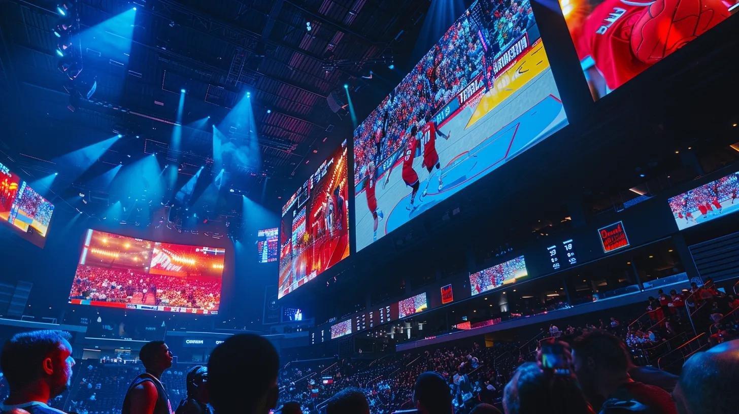 Innovative Bubble Wall Designs for Any Environment 11 a dynamic urban sports arena filled with passionate fans, featuring large screens showcasing iconic highlights from florida's top basketball teams, creating an atmosphere of excitement and rivalry.