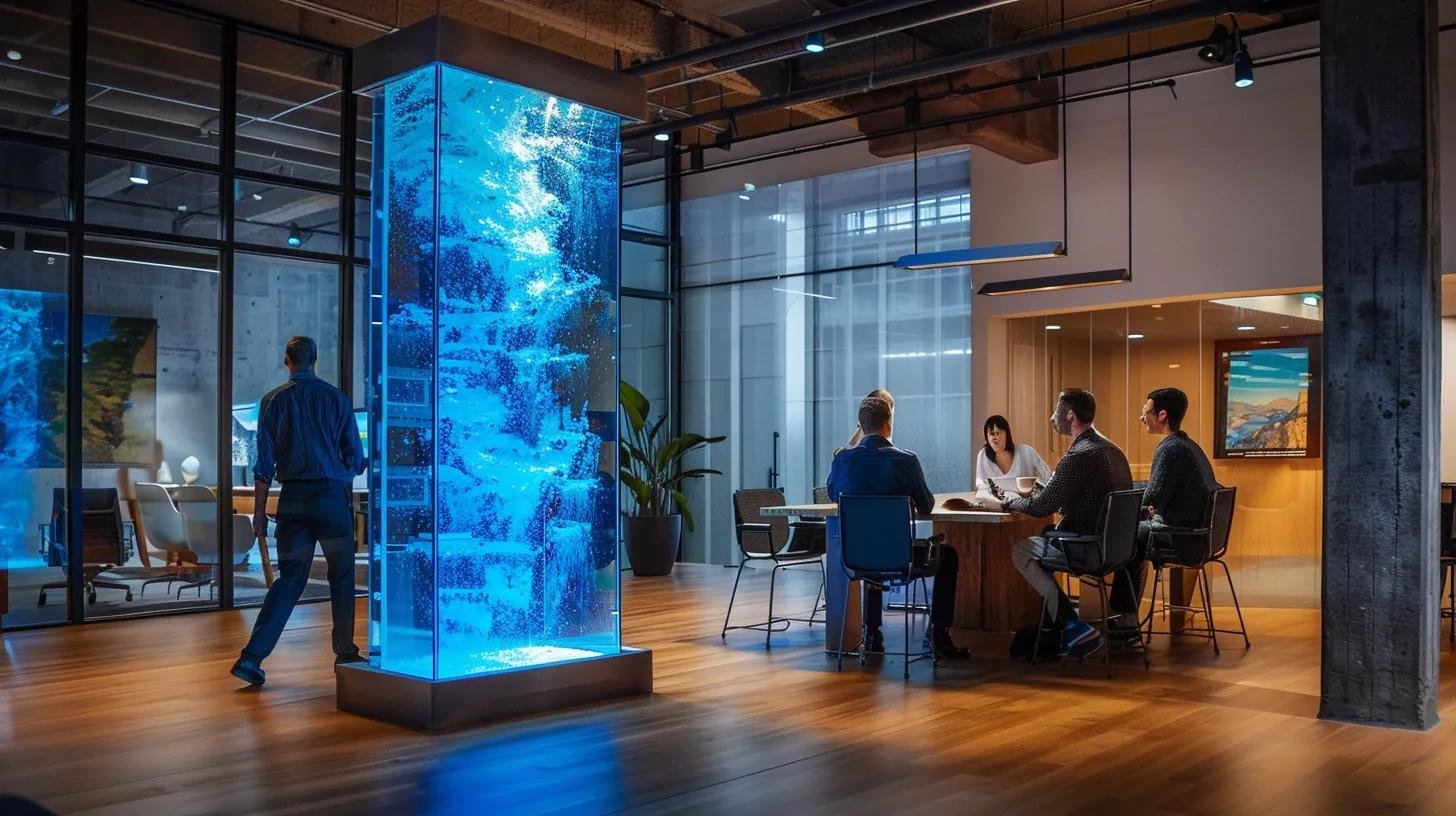 Why Choose a Floor Standing Water Bubble Wall for Your Home 8 a sophisticated office environment showcases a sleek floor standing water bubble wall, featuring customizable led lighting and tempered glass, as architects and designers gather around a modern conference table, analyzing a detailed comparison table of its design attributes and benefits.