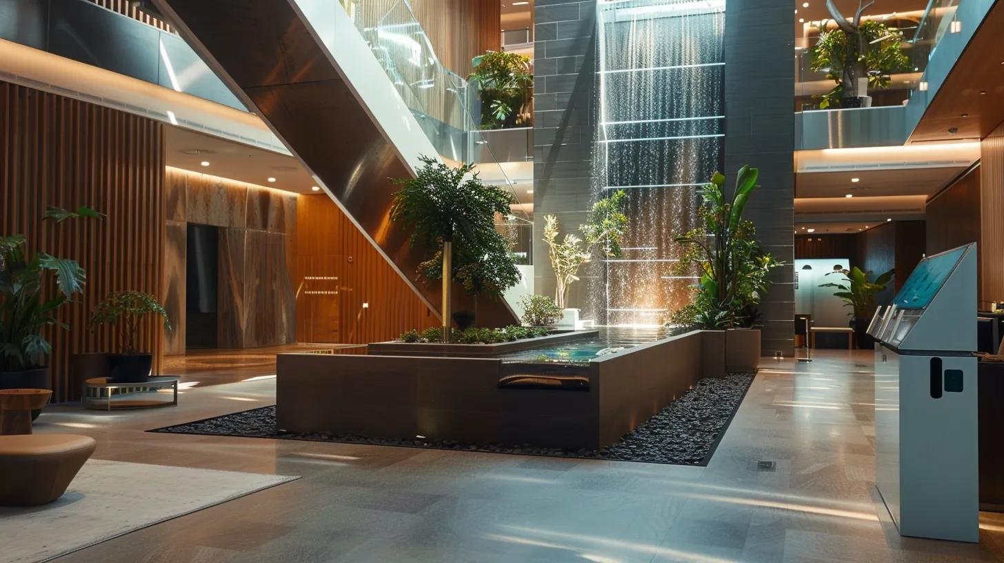 Elevate Your Backyard With Custom Outdoor Water Features 5 a sleek urban office interior showcases innovative water feature maintenance technology, highlighting integrated sensor monitoring systems and energy-efficient, eco-friendly design elements against a backdrop of modern architecture and warm ambient lighting.