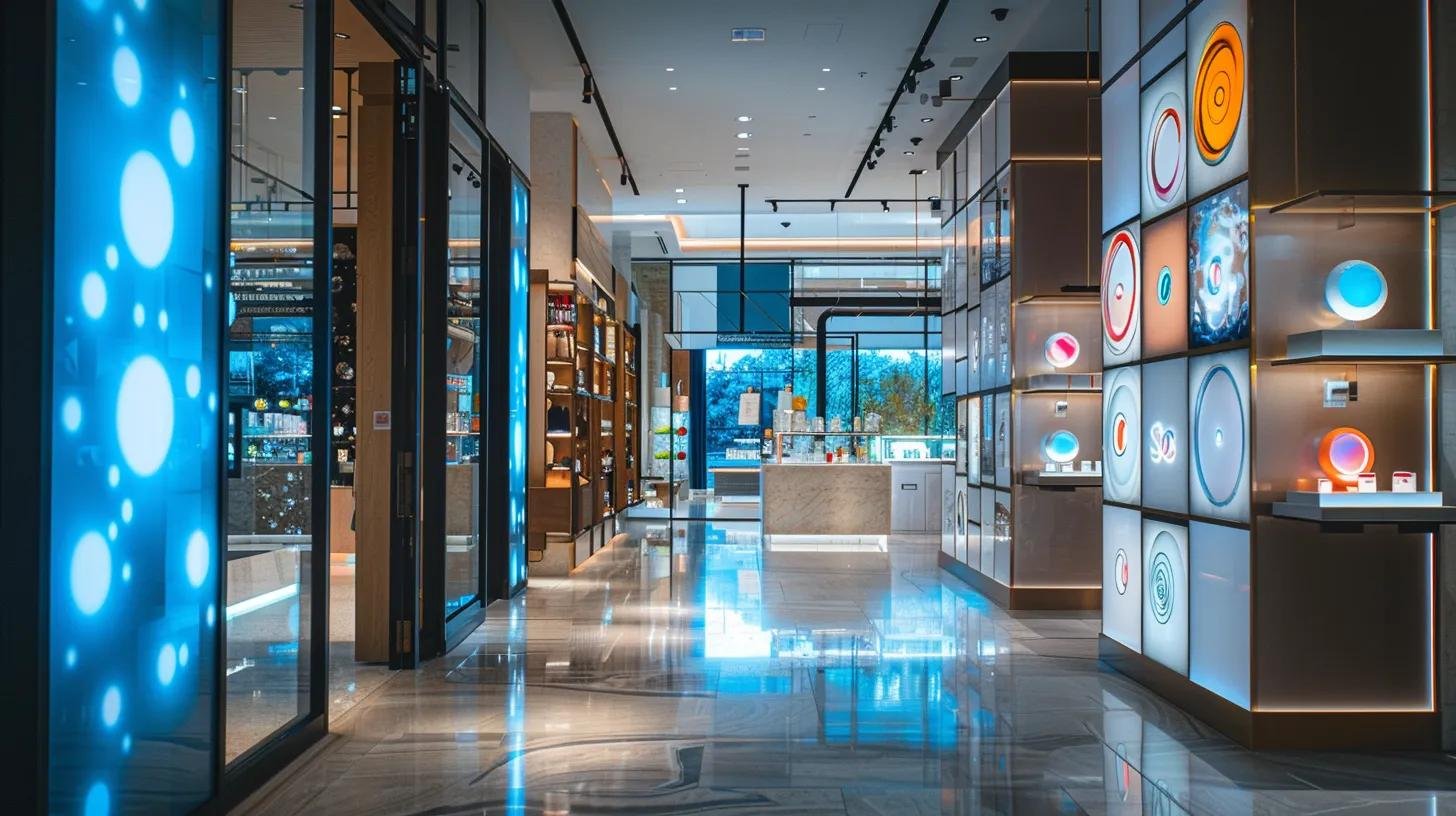 Embrace Bubble Light Trends for Cheerful Decor 2 a sleek, modern retail space showcases an illuminated bubble wall light feature, with vibrant, customizable led bubbles rising gracefully in a polished aluminum and bronze frame, casting dynamic, colorful reflections that captivate onlookers.