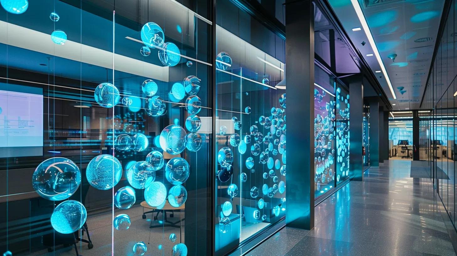 Modern office interior featuring a vibrant bubble wall installation with illuminated blue bubbles, enhancing the aesthetic appeal and ambiance of the space.