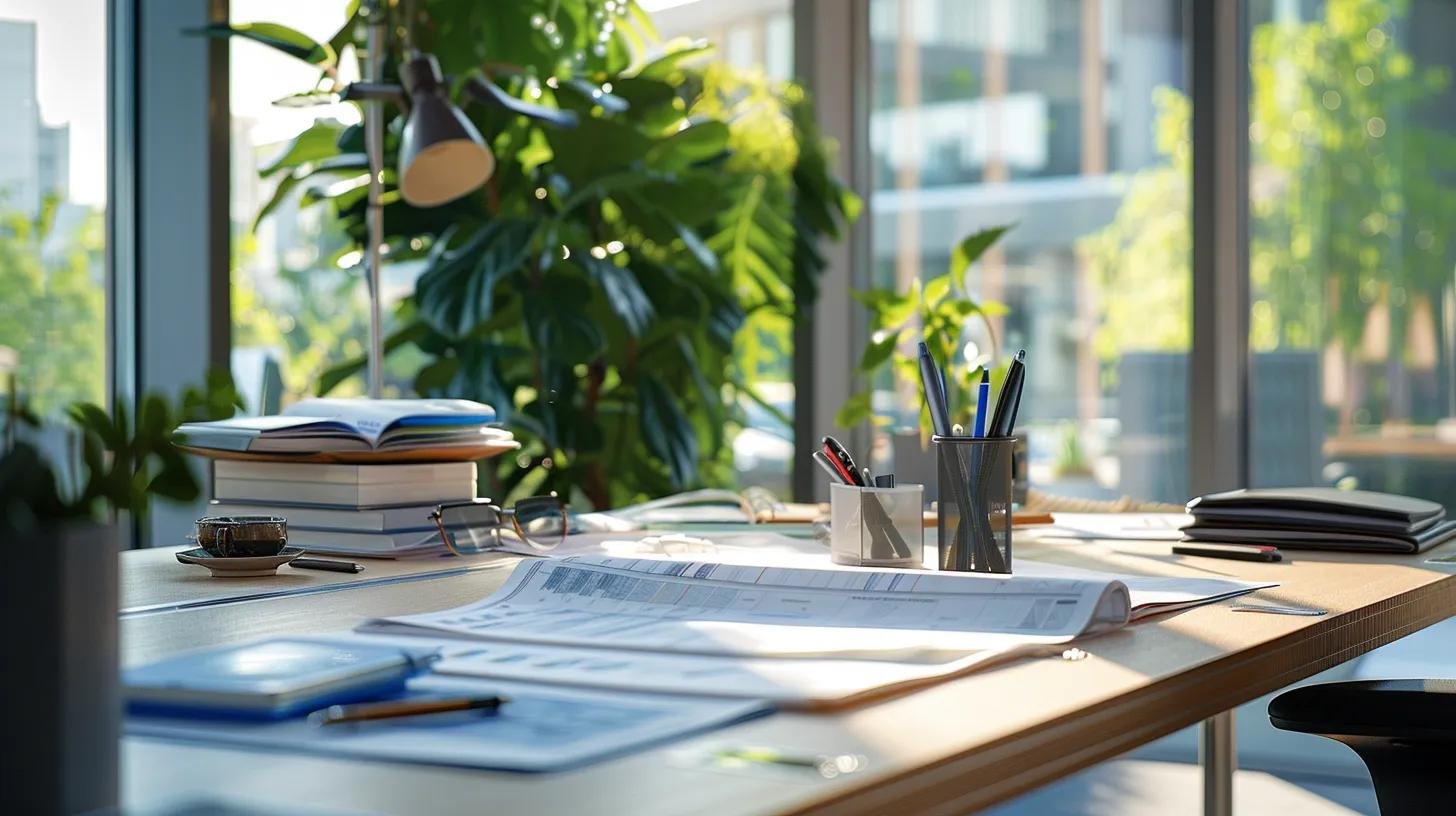 Elegant Custom Water Features Available in Montoursville PA 6 a sophisticated office setting showcases a sleek presentation table adorned with detailed blueprints and visually compelling infographics, highlighting the financial benefits and customizable options of premium water features, capturing the essence of a strategic consultation between clients and experts.