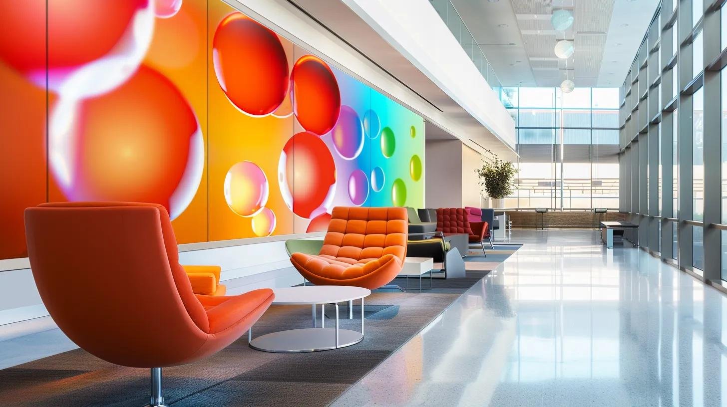 Vibrant bubble wall installation featuring colorful circular patterns, modern seating area with orange and red chairs, sleek tables, and a spacious, well-lit interior design.