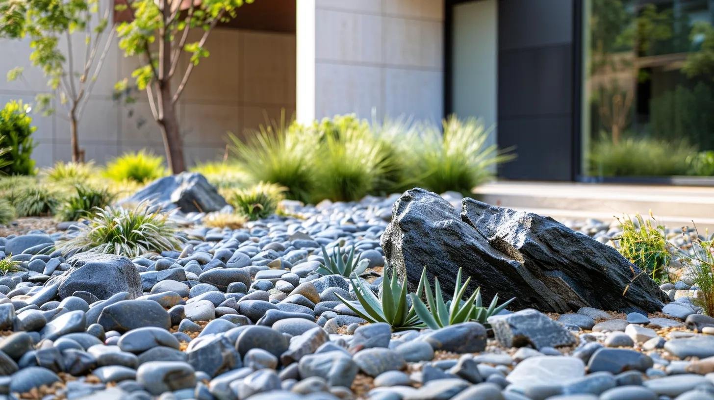 Discover the Advantages of a Rock Garden in Your Yard 5 a modern rock garden design showcases a striking arrangement of durable, weather-resistant elements like ceramic and natural stone, enhanced by low-maintenance, drought-tolerant plants, set against a sleek urban backdrop that emphasizes practicality and sustainability.