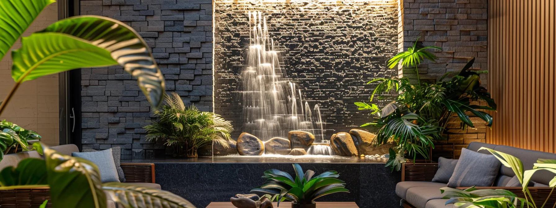 Captivating Wall Design: Embrace Waterfall Features 1 a tranquil living room adorned with a sleek, modern indoor waterfall wall feature, complemented by lush green plants and polished stones to evoke a serene ambiance.