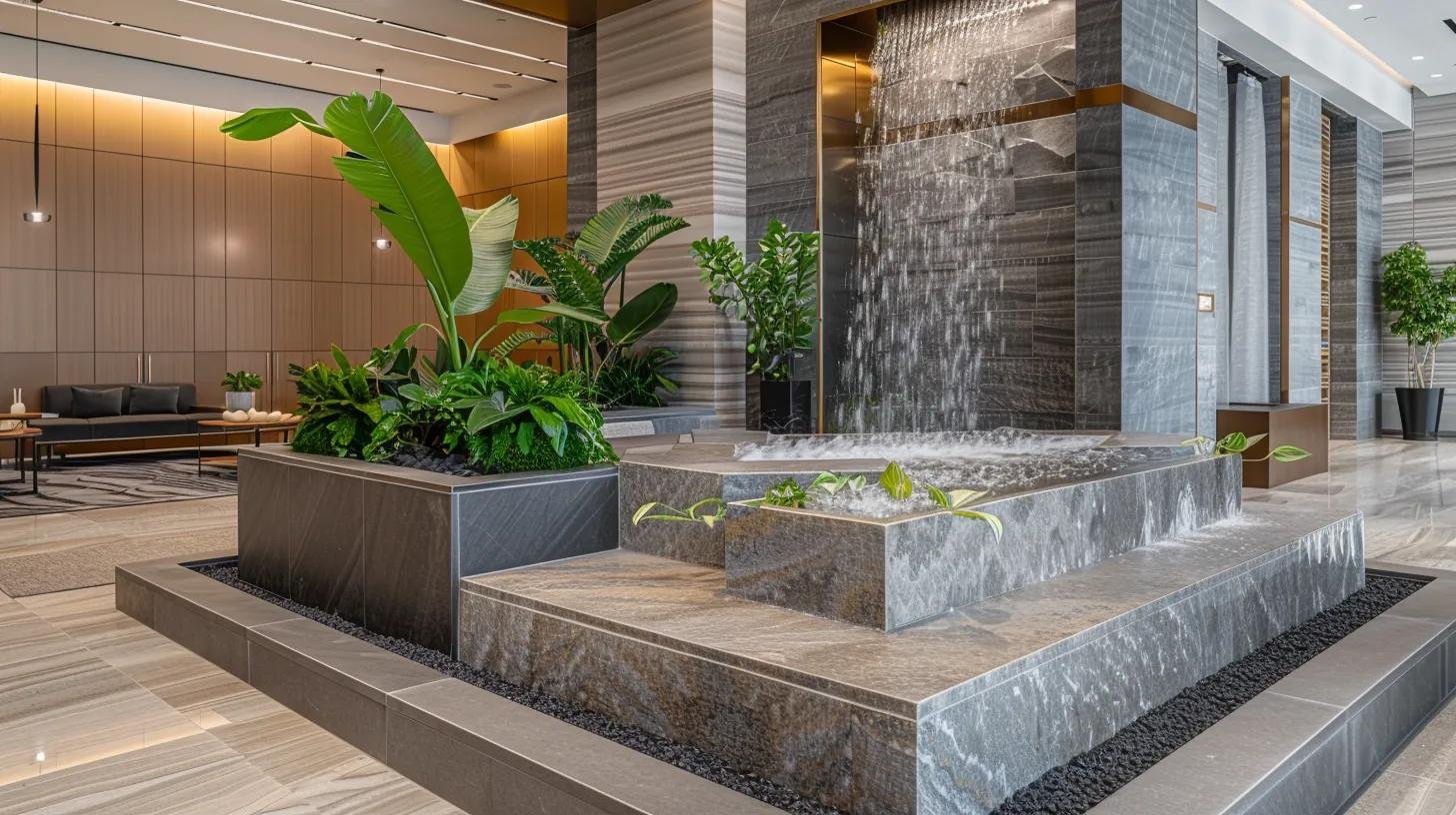 Revamp Your Work Area With Unique Indoor Home Office Designs 4 a modern office interior features a striking custom water fountain made of sculpted stone and accented with live aquatic plants, seamlessly integrating biophilic design elements that enhance focus and reduce stress in a sophisticated, earthy color palette.