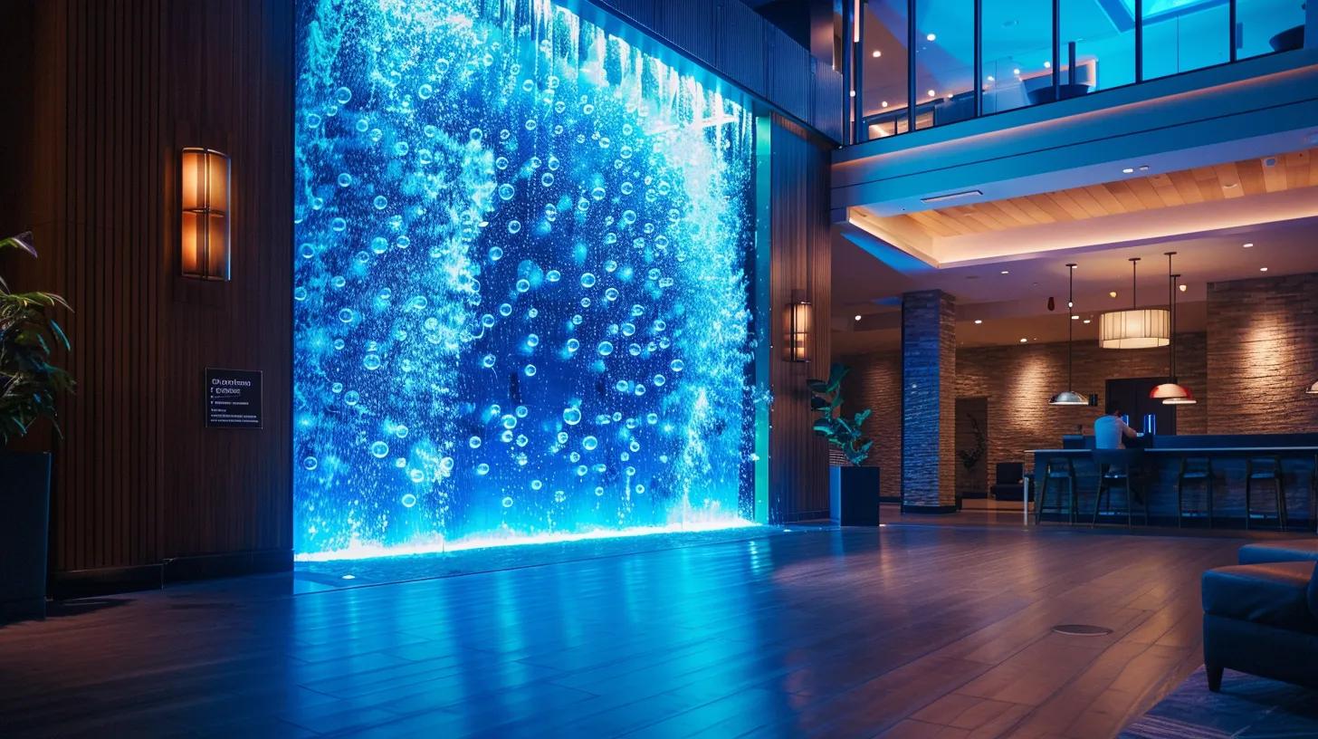 Benefits of Installing a Water Bubble Wall 2 a stunning, illuminated water bubble wall custom-designed for a luxurious hotel lobby, showcasing vibrant color variations and tranquil bubble flow, seamlessly blending with the modern decor to enhance the sophisticated ambiance.