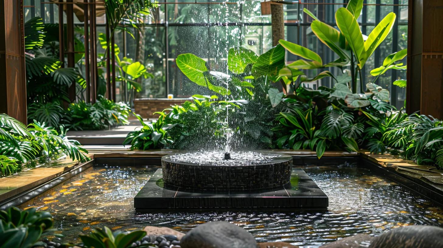 Indoor Fountain Water: Nurturing Calm and Comfort 3 a serene indoor scene showcasing a beautifully maintained fountain surrounded by lush greenery and decorative stones, with pristine water cascading gently under soft ambient lighting.
