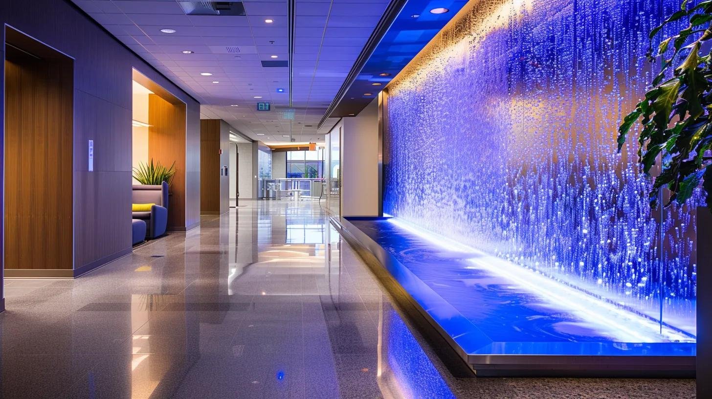 LED Water Bubble Fountain Wall Ideas for Every Space 4 a sleek, contemporary office environment showcases a vibrant led water bubble fountain wall, intelligently illuminated and meticulously maintained, emphasizing the smooth flow of water and the sophisticated design of the maintenance equipment nearby, highlighting a commitment to regular upkeep and efficiency.