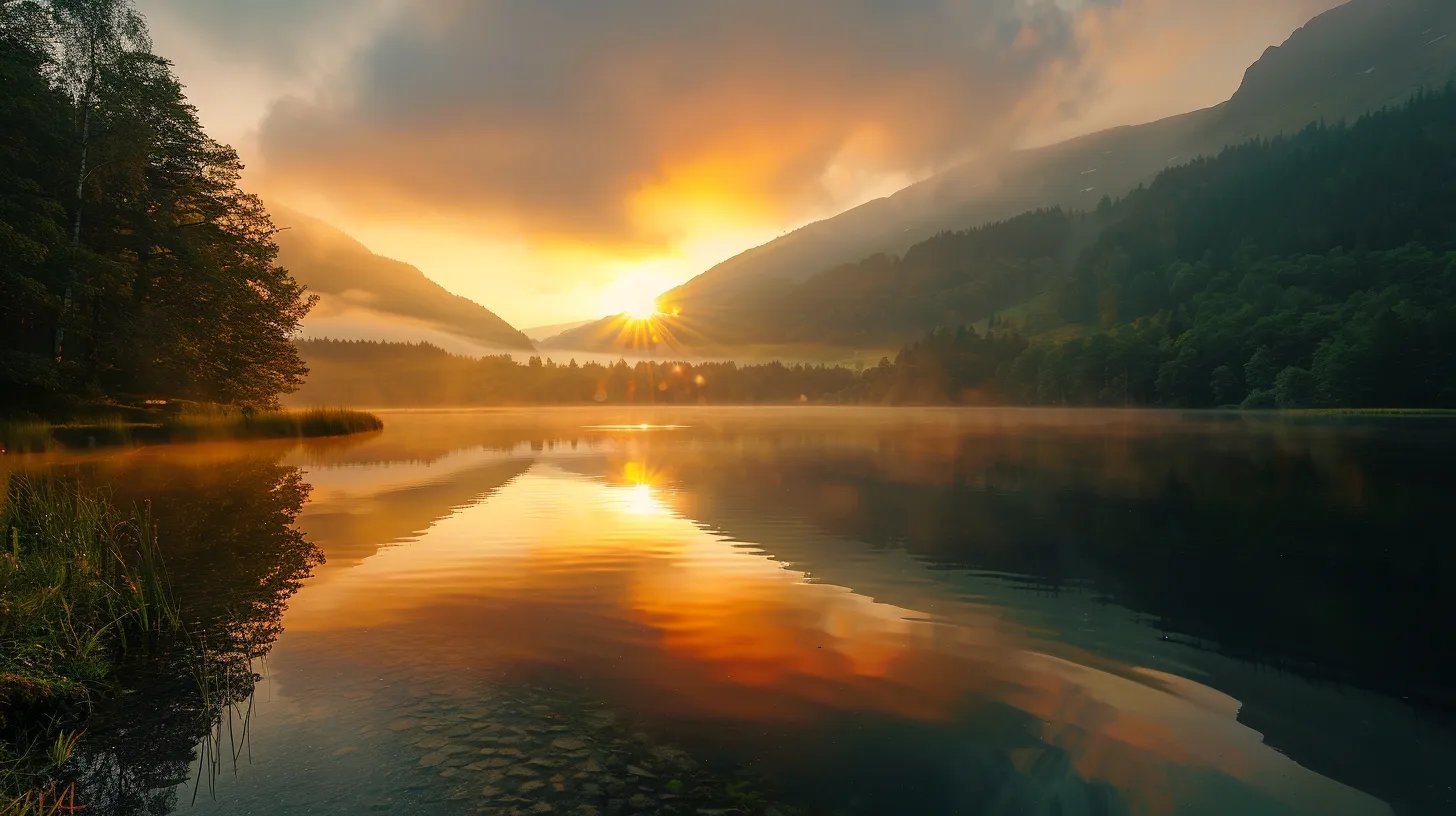 Vibrant golden sunrise reflecting on tranquil lake surrounded by lush green mountains and trees, enhancing serene atmosphere ideal for indoor waterfall features and water designs.