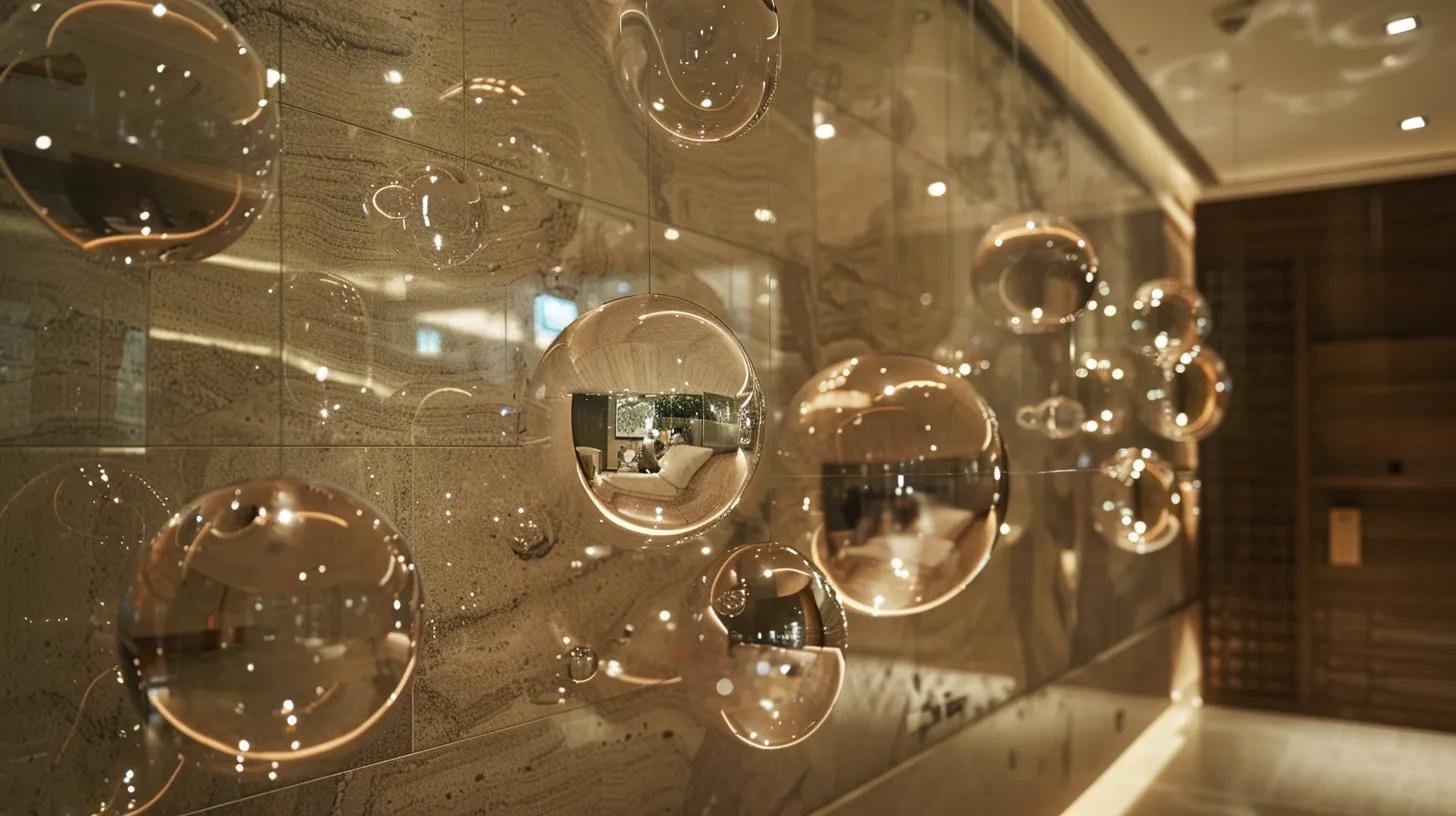 Create a Modern Look With Bubble Mirror Wall Decor 8 an elegant urban interior showcases a striking display of bubble mirror wall decor with diverse styles and textures, reflecting a sophisticated blend of antique and modern designs while emphasizing the seamless integration of innovative wall art with ambient lighting elements.