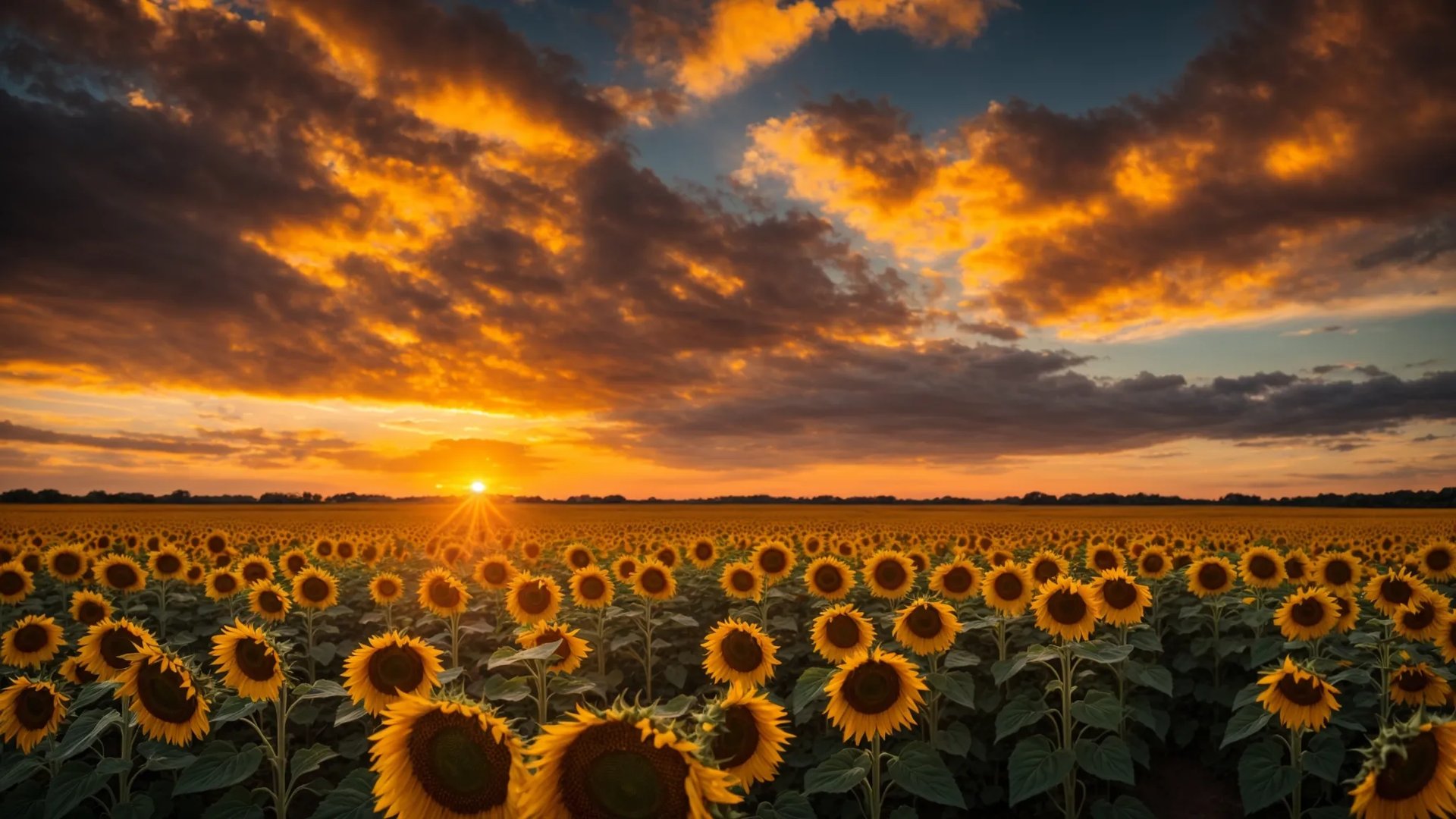 Vibrant sunflower field under a radiant sunset sky, enhancing outdoor landscapes with natural beauty, perfect for serene environments and custom water feature designs.