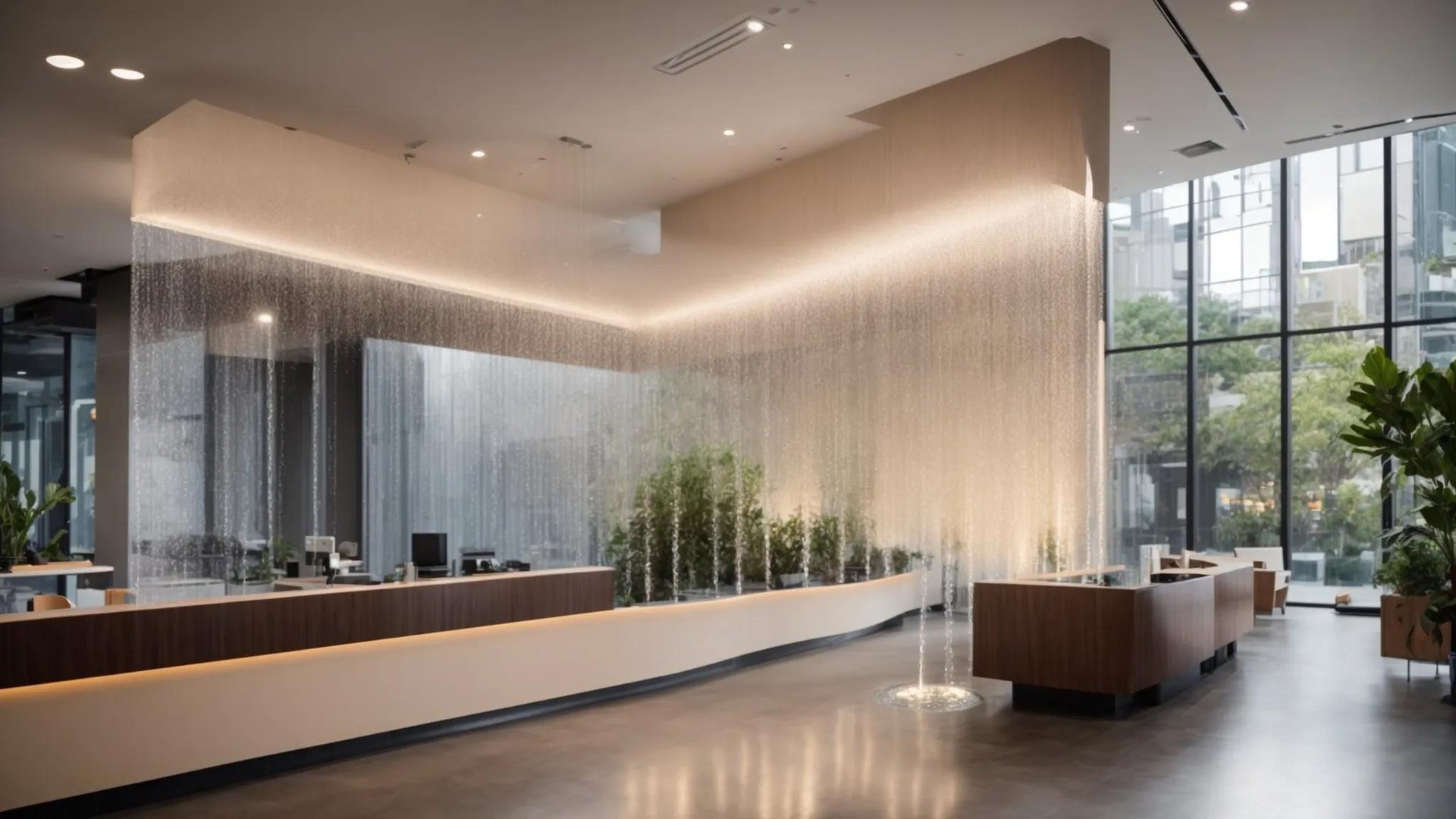 Create a Stunning Bubble Wall Fountain for Your Space 6 a sleek, modern office space showcases a stunning handcrafted bubble wall fountain, featuring interactive led lighting and integrated technology, symbolizing the fusion of artisanal craftsmanship and innovative design trends in water features.