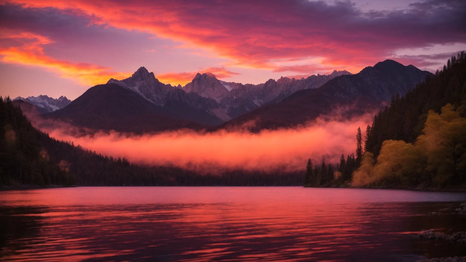 Elegant Water Fountains for Sale in Your Neighborhood 5 a breathtaking sunset casts vibrant hues of orange and pink over a serene lake, reflecting the silhouettes of towering mountains in the distance.