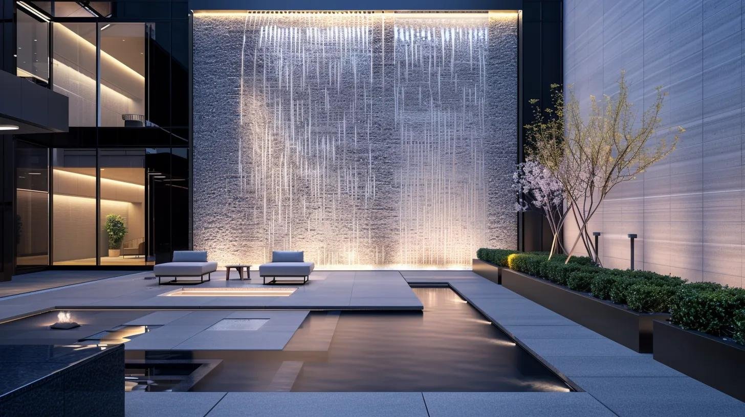 Create Stunning Outdoor Areas With Water Wall Features 5 a sleek, modern outdoor setting showcases an elegant water wall with crystal-clear flowing water, surrounded by minimalist seating and geometric landscaping, emphasizing the importance of maintenance and aesthetics in urban enhancement.