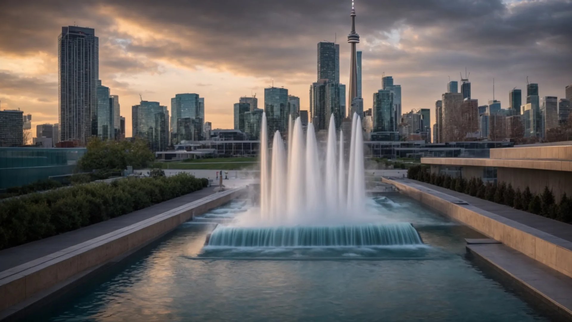 Fountain with cascading water in foreground, Toronto skyline featuring CN Tower and modern buildings in background, under dramatic sunset sky, enhancing urban water feature aesthetics.