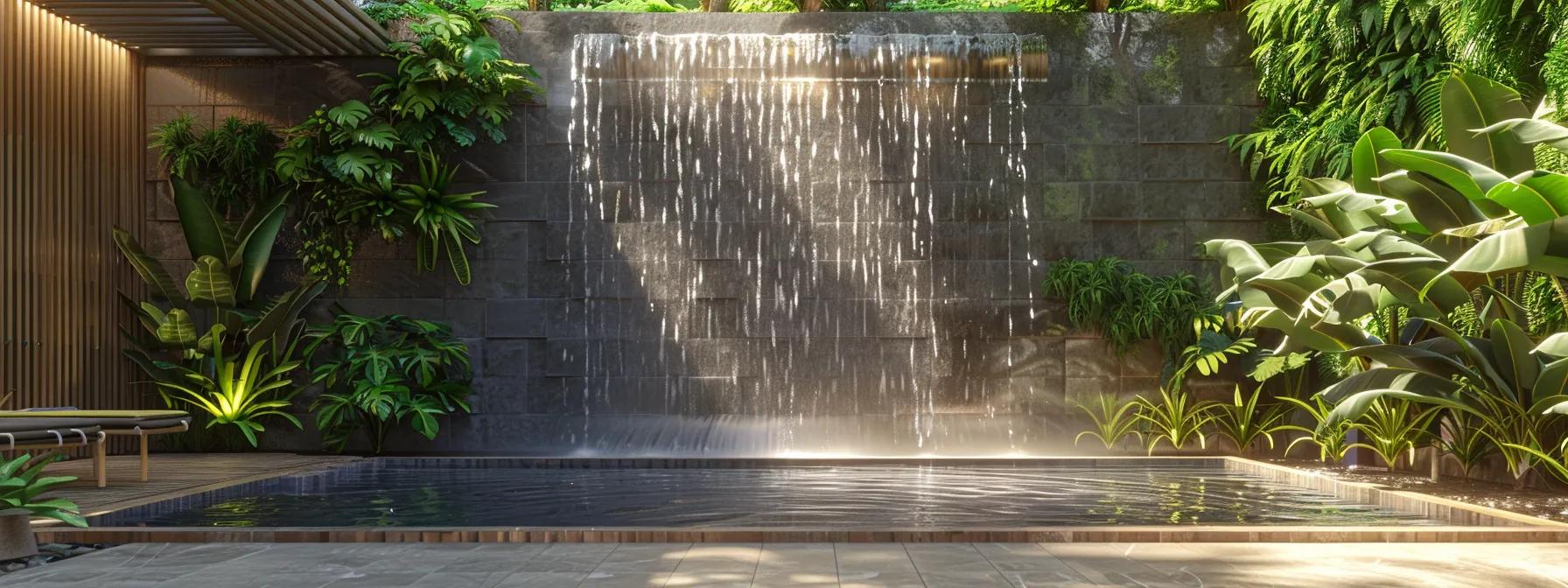 Serene outdoor water wall fountain surrounded by lush greenery and modern design elements, enhancing tranquility and ambiance for outdoor spaces.