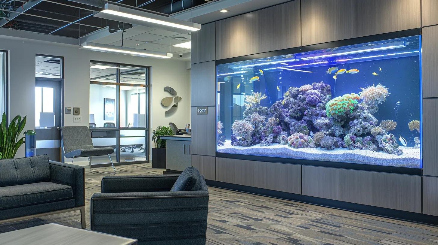 Eye-Catching LED Bubble Wall Aquarium for Modern Homes 5 a sleek, modern office space features a stunning top fin® led bubble wall aquarium kit, highlighting its crystal-clear glass surfaces and vibrant aquatic display, accompanied by a maintenance toolkit neatly arranged nearby, symbolizing effortless upkeep and long-lasting performance.