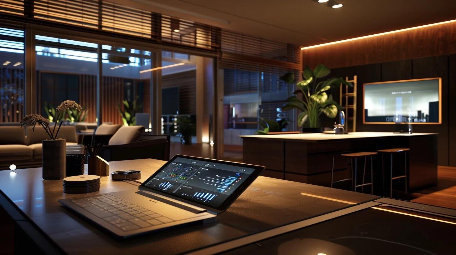 Transform Your Home With Innovative Water System Solutions 1 a sleek, modern home office showcases a high-tech smart water system interface on a tablet, displaying real-time analytics of water usage and quality against a sophisticated backdrop of streamlined furniture and ambient lighting.