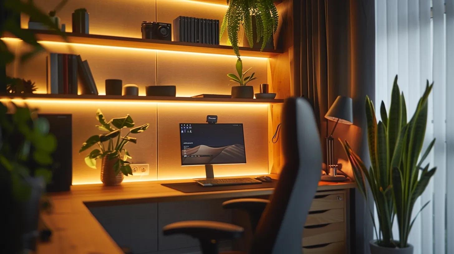 Stylish modern home office featuring a desk with a computer, ambient lighting, potted plants, and organized shelves, enhancing productivity and tranquility in workspace design.