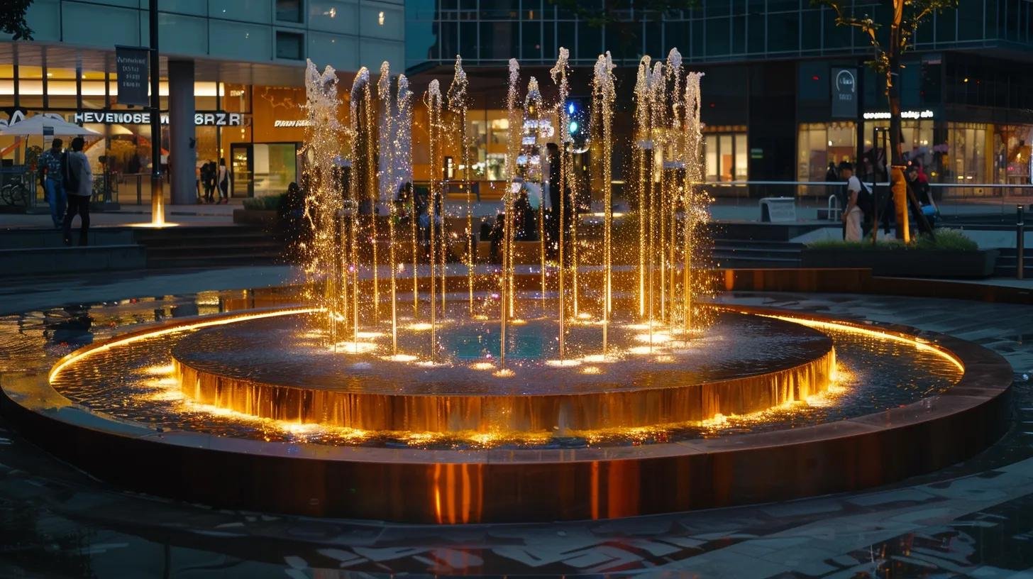 Stunning Custom Water Features to Enhance Your Environment 3 a captivating interactive fountain installation in a modern urban plaza showcases dynamic water patterns and vibrant programmable led lights, enticing pedestrians to engage with its artistic design of custom-cut bronze elements and advanced technology, all set against a sleek architectural backdrop.
