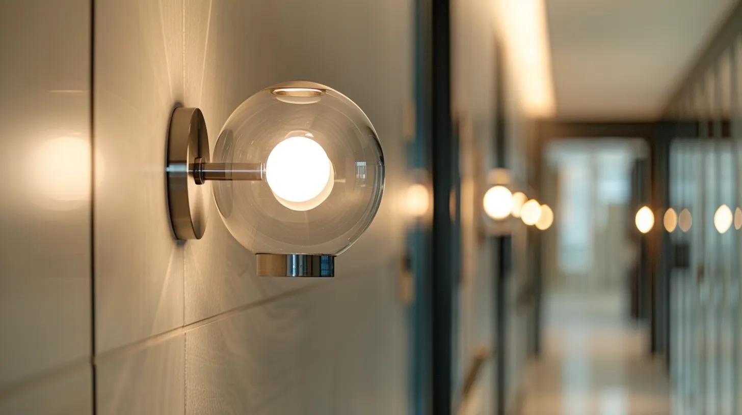 Enhance Ambiance With Bubble Glass Wall Sconces 1 a beautifully lit modern hallway showcases sleek bubble glass wall sconces with polished metal frames, creating an elegant and inviting atmosphere that enhances the sophistication of the space.