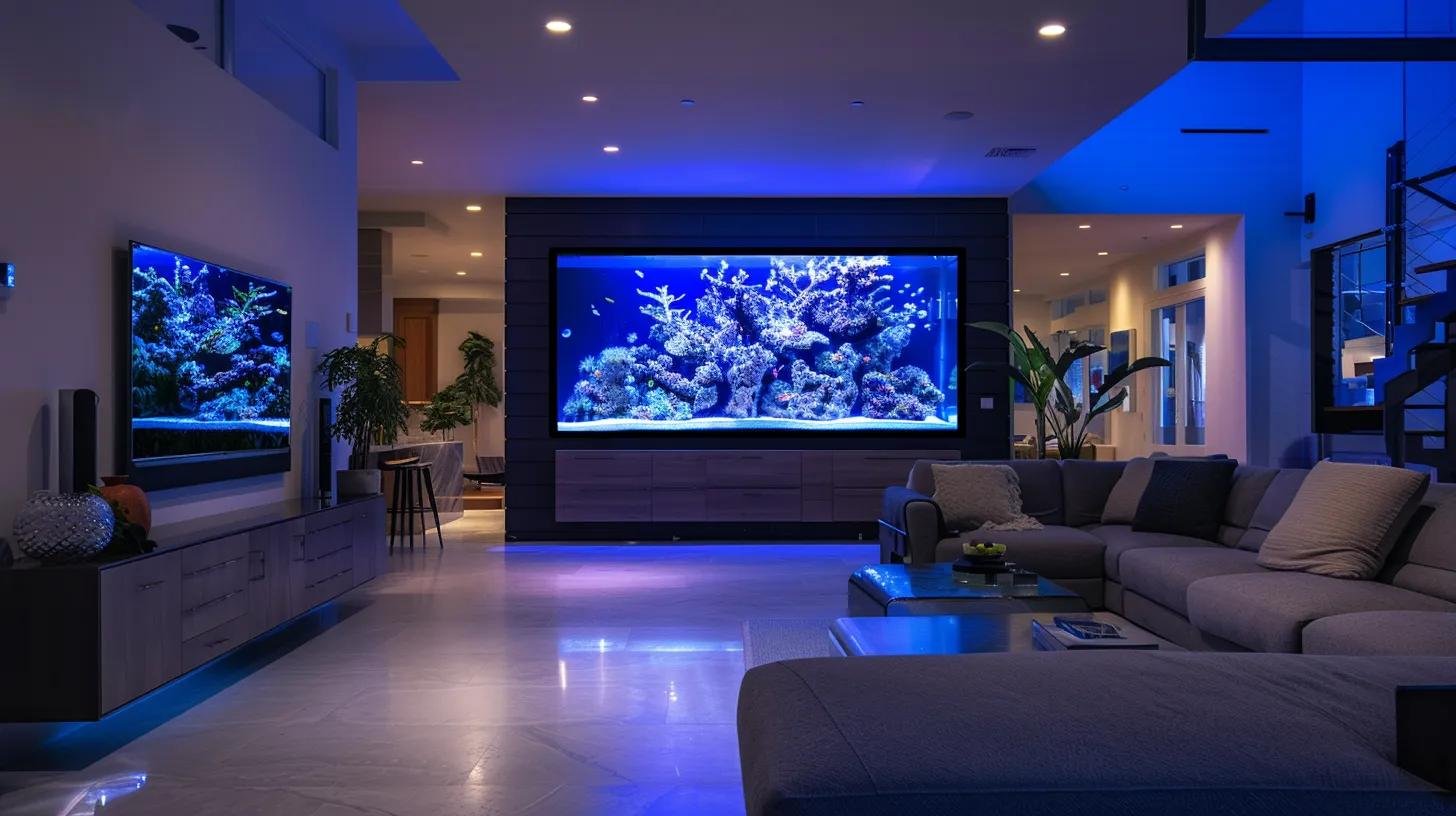 Eye-Catching LED Bubble Wall Aquarium for Modern Homes 1 a sleek, modern indoor space showcases the top fin® led bubble wall aquarium kit, highlighting its stunning tempered glass panels and vibrant led light display, which casts colorful reflections across the room while integrated bubble streams create a dynamic aquatic atmosphere.