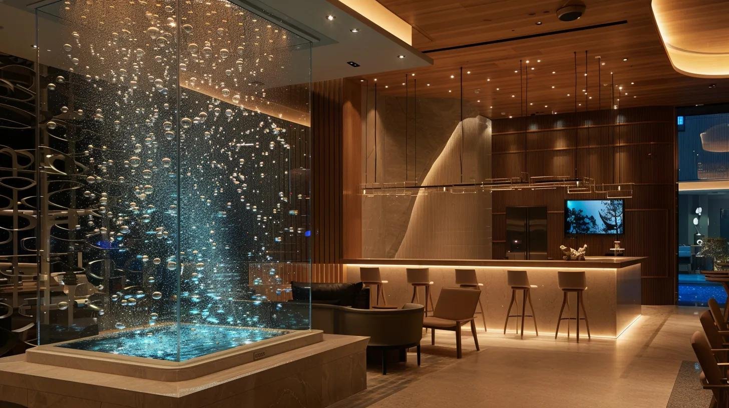 The Allure of a Bubble Wall Fish Tank in Interior Design 1 a sleek, modern interior showcases an elegant bubble wall fish tank, its glass panels reflecting strategically placed lights as a mesmerizing cascade of bubbles dances along the surface, creating a captivating focal point that enhances the contemporary ambiance.