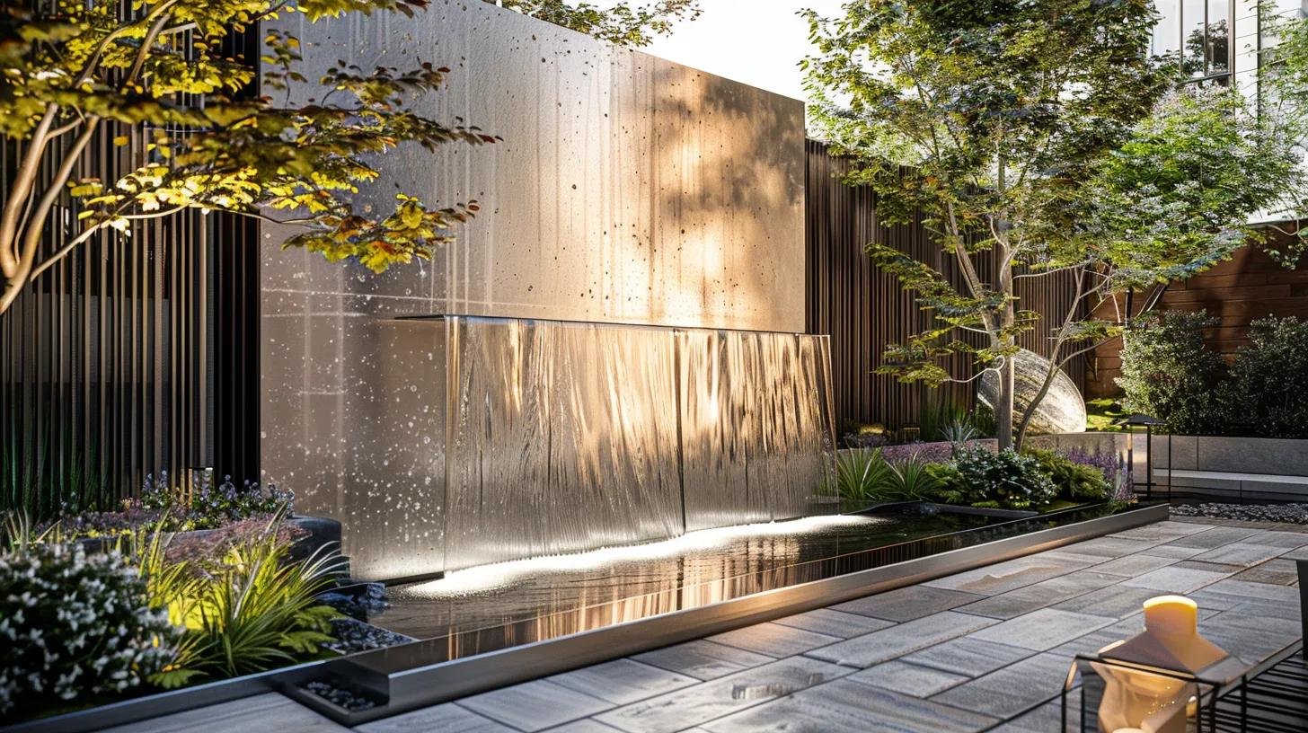 Create Stunning Outdoor Areas With Water Wall Features 1 a stunning outdoor setting showcases an elegant, artistic water wall crafted from sleek stainless steel and rustic slate, with gentle streams of cascading water creating a mesmerizing focal point against a contemporary patio backdrop, inviting relaxation amidst an urban atmosphere.