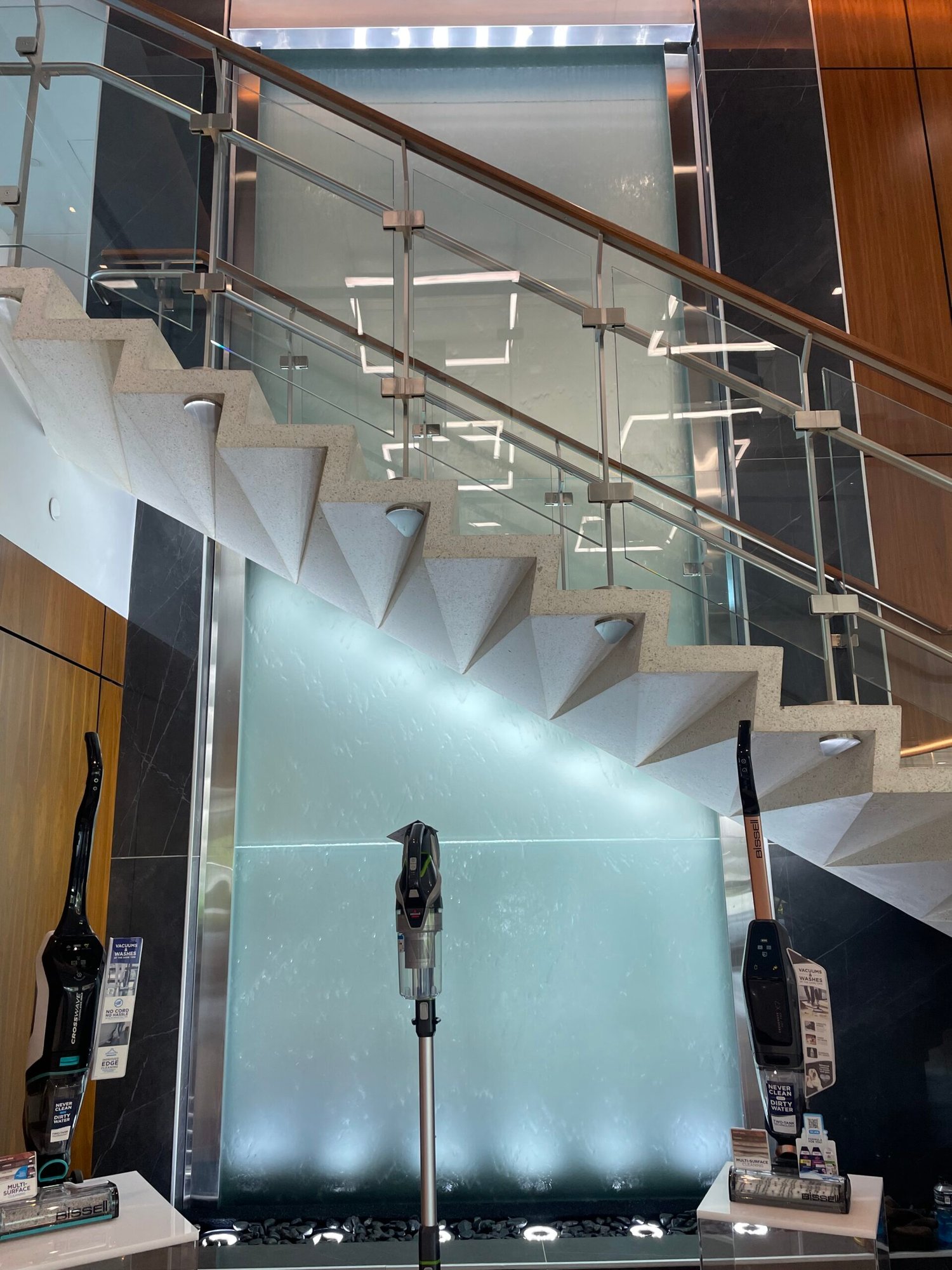 Frosted Acid Etched Glass Water Wall for BISSELL Global Headquerters in Walker Grand Rapids, Michigan
