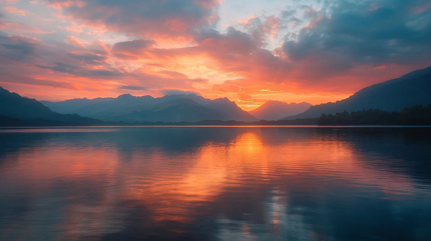 Large Wall Decor Trends to Refresh Your Space 1 a breathtaking sunrise illuminates a tranquil lake, casting vibrant hues of orange and pink across the water's surface while majestic mountains stand silently in the background, reflecting nature's serene beauty.