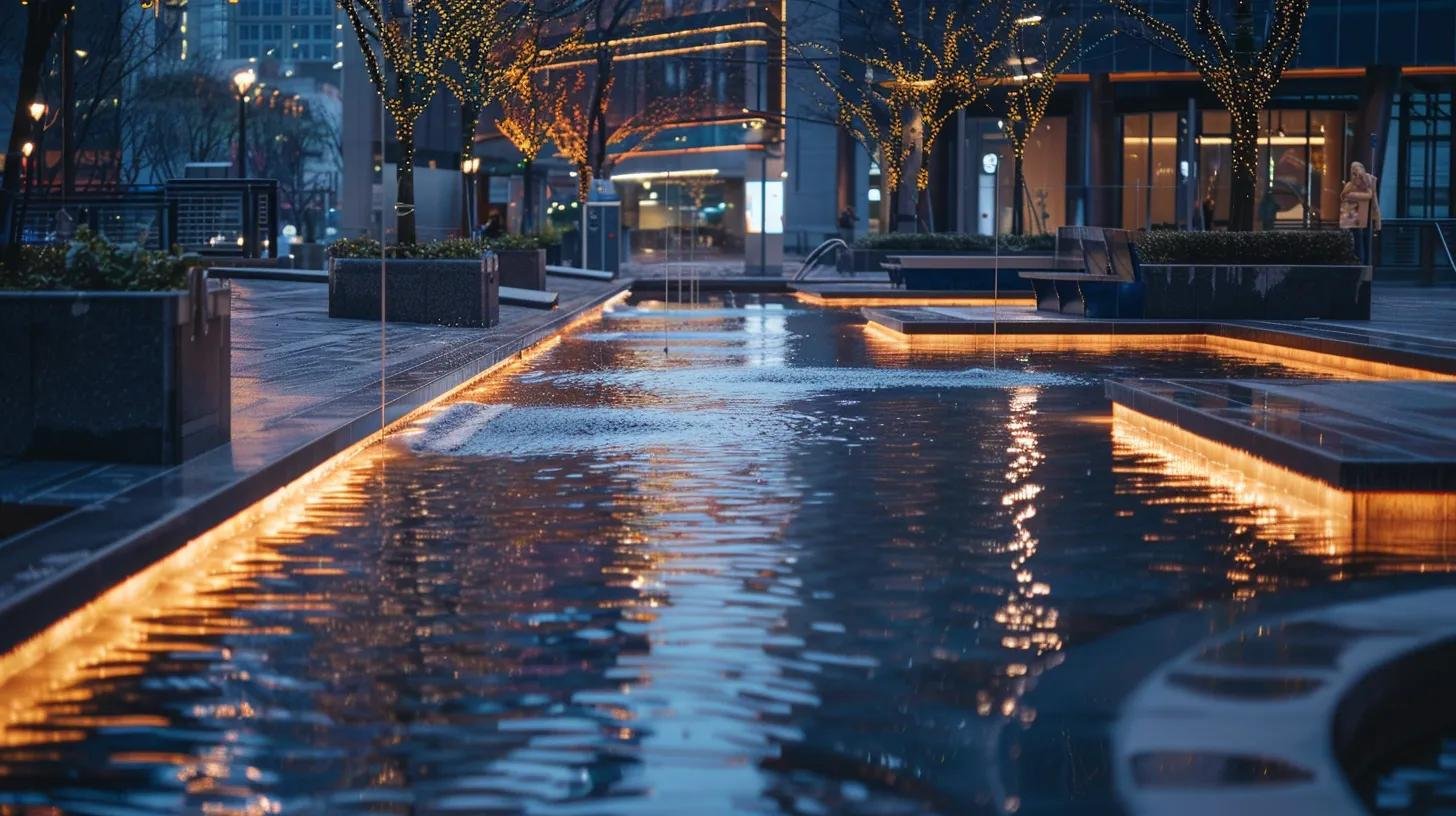 Stunning Custom Water Features to Enhance Your Environment 6 a visually striking urban plaza showcases sophisticated customized water walkways, seamlessly blending polished concrete pathways with gently flowing water channels illuminated by sleek led lighting, enhancing pedestrian engagement in a modern communal space.