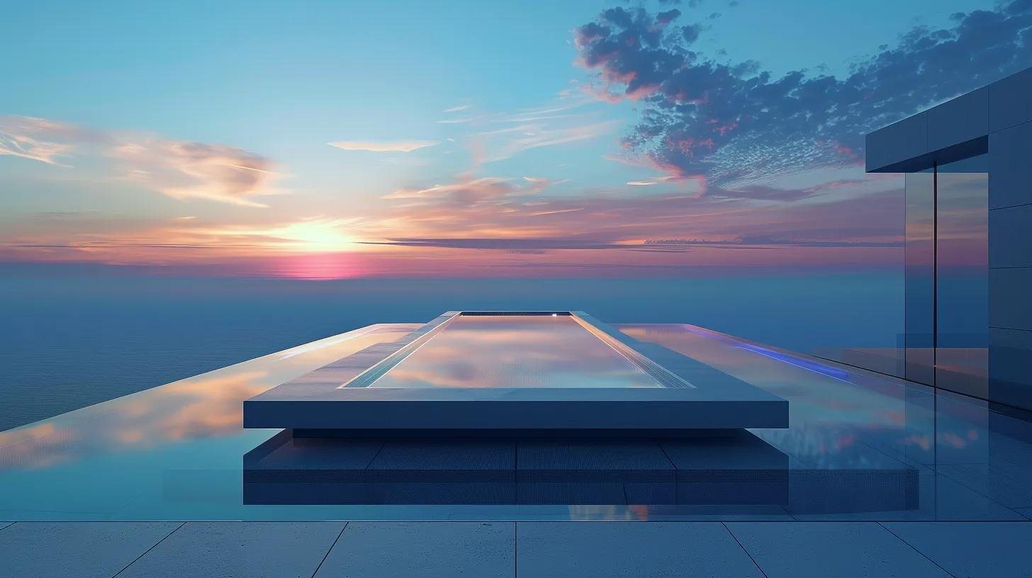 Stunning Custom Water Features to Enhance Your Environment 7 a sleek, minimalist zero-edge pool seamlessly blends into a modern outdoor space, reflecting the pristine sky and creating an illusion of infinite water, accentuated by subtle led lighting that highlights the polished stone and tempered glass materials.