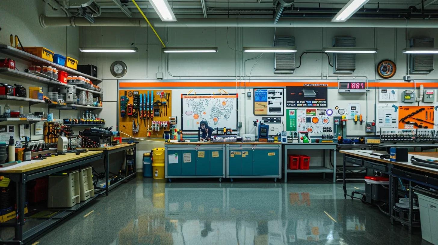 Removing Water Bubble in Wall: Step-by-Step Guide 5 a meticulously organized repair workshop features skilled engineers focused on precision tasks, surrounded by a variety of specialized tools and materials, with a large display board illustrating guidelines for avoiding costly missteps in water damage repairs.