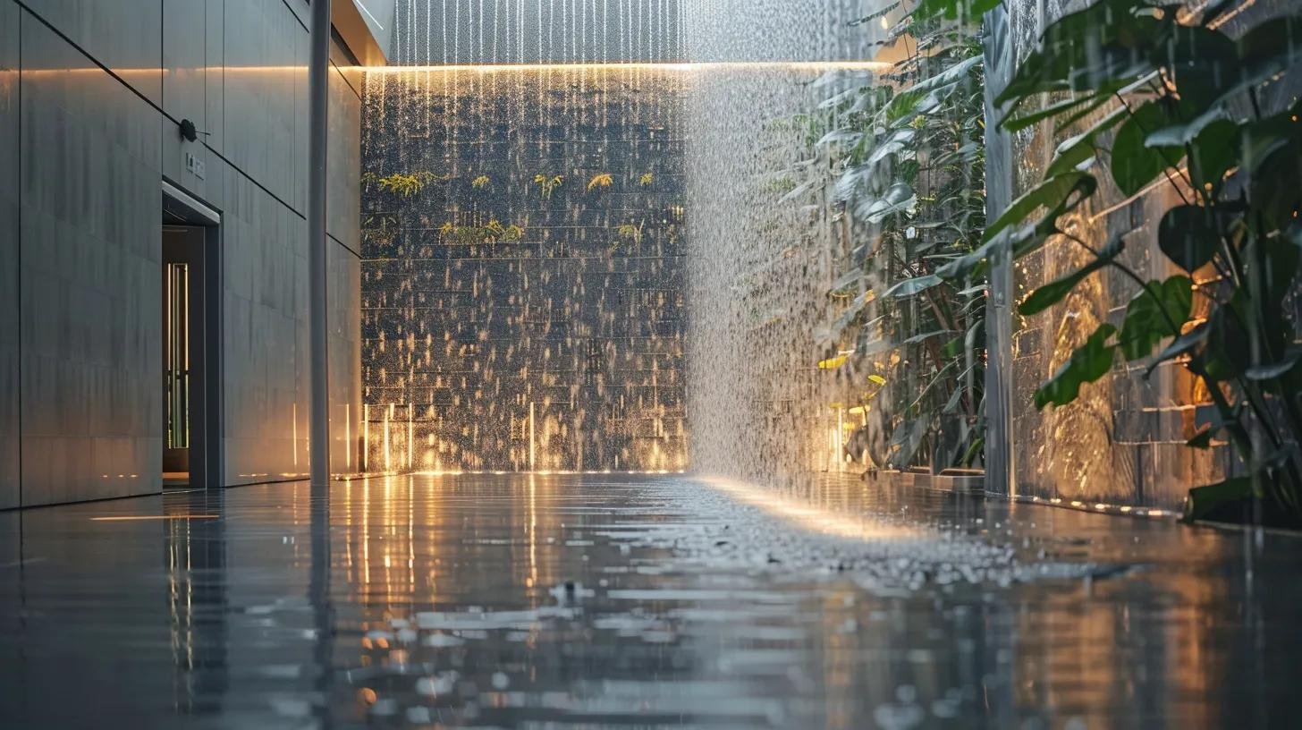 Stunning Custom Water Features to Enhance Your Environment 2 a stunning indoor view of an elegant cascading water wall, featuring a sleek vertical design made of polished concrete and illuminated by dynamic smart lighting, transforming a modern office space into a tranquil, energizing atmosphere.