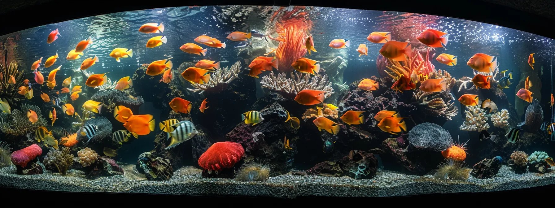 Vibrant underwater scene featuring a variety of colorful tropical fish, coral formations, and aquatic plants in a large aquarium, highlighting the beauty of custom water features for indoor spaces.