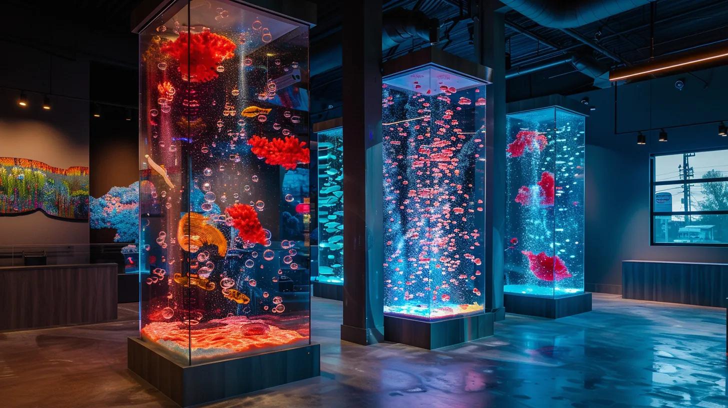 Create a Stunning Bubble Wall Fountain for Your Space 2 a sleek urban showroom showcases an array of custom bubble panels, each uniquely designed with vibrant led illumination and intricate bubble patterns, creating a striking focal point that blends modern aesthetics with advanced water feature technology.