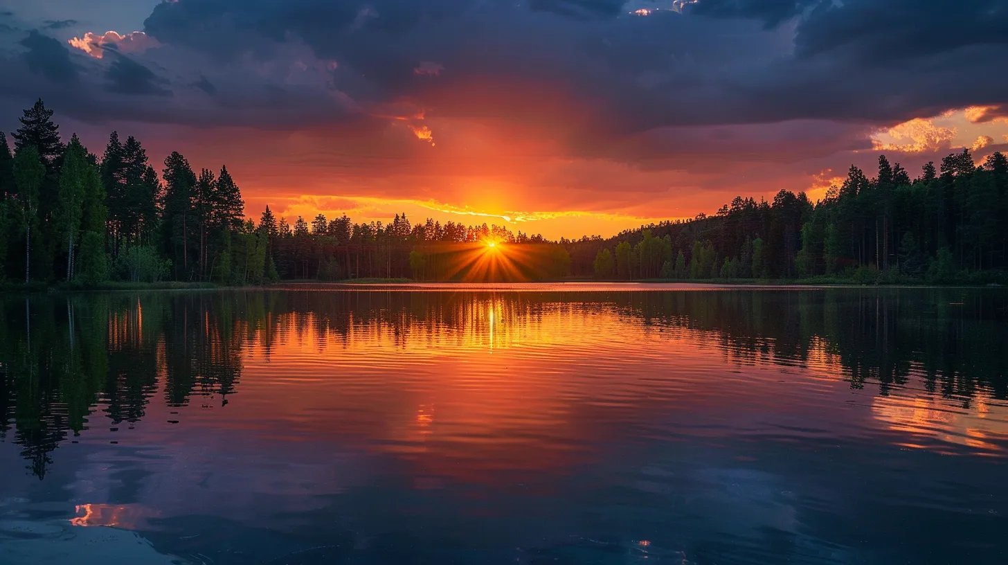 Large Wall Decor Trends to Refresh Your Space 5 a vibrant sunset casts a warm glow over a tranquil lake, with silhouetted trees reflecting on the water's surface, creating a serene and picturesque atmosphere.