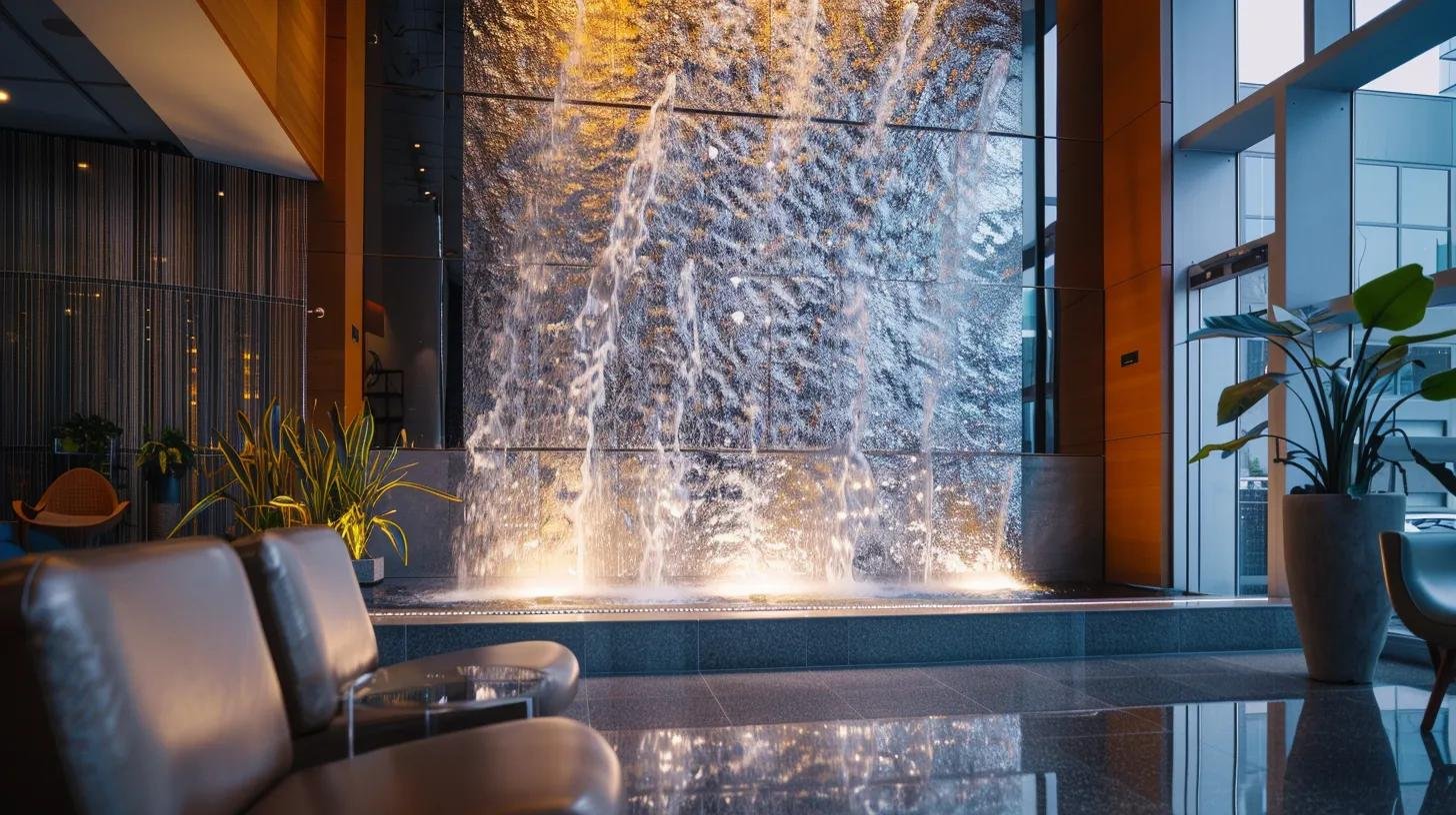 Indoor LED bubble wall fountain with shimmering water flow, enhancing modern space ambiance and tranquility, surrounded by elegant seating and greenery.