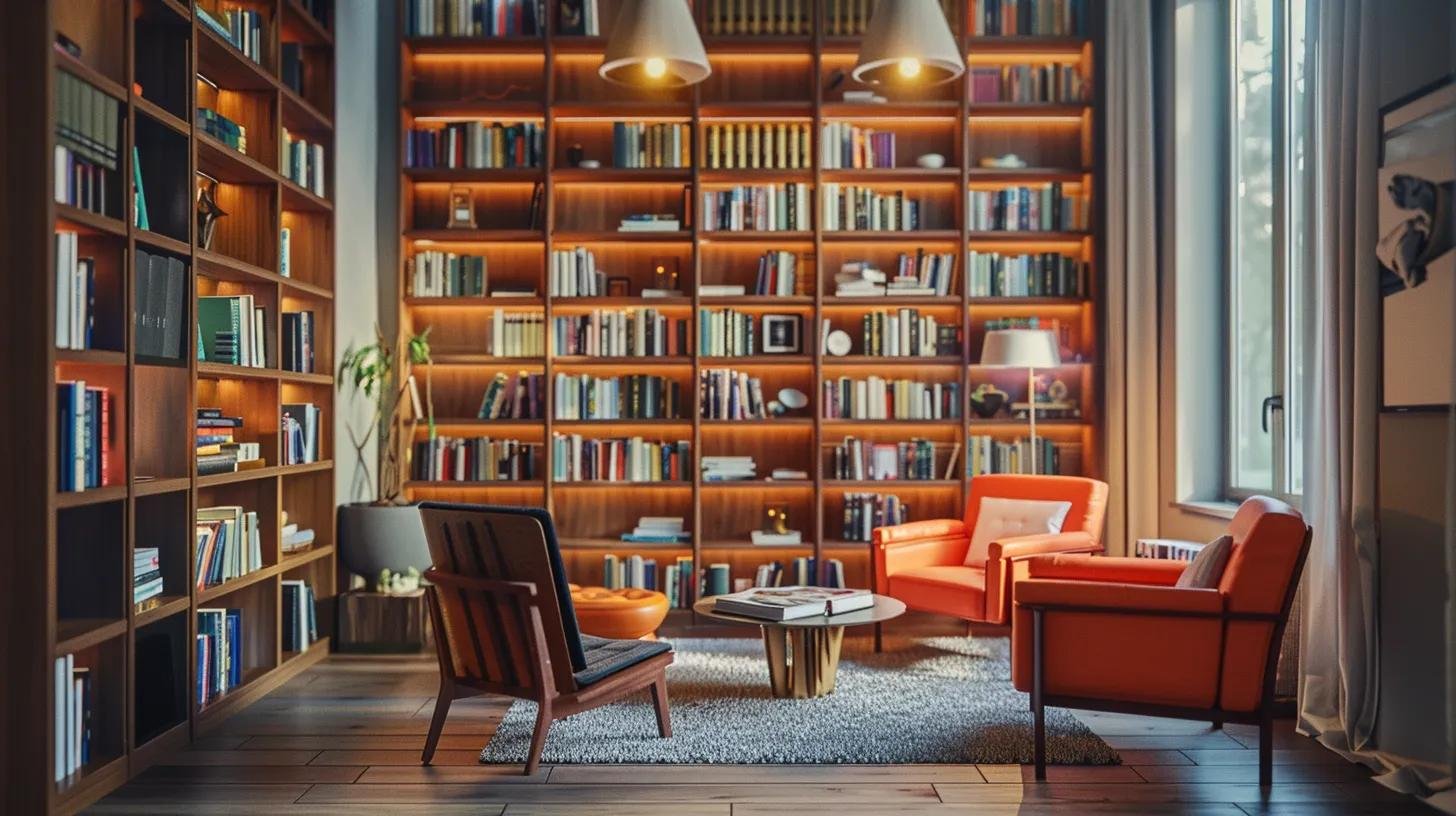 Optimize Your Space With Wall to Wall Storage Solutions 1 a sophisticated interior featuring floor-to-ceiling custom-built storage units, elegantly housing books and art, seamlessly integrated with modern decorative water feature panels, creating a stylish and organized compact living space.