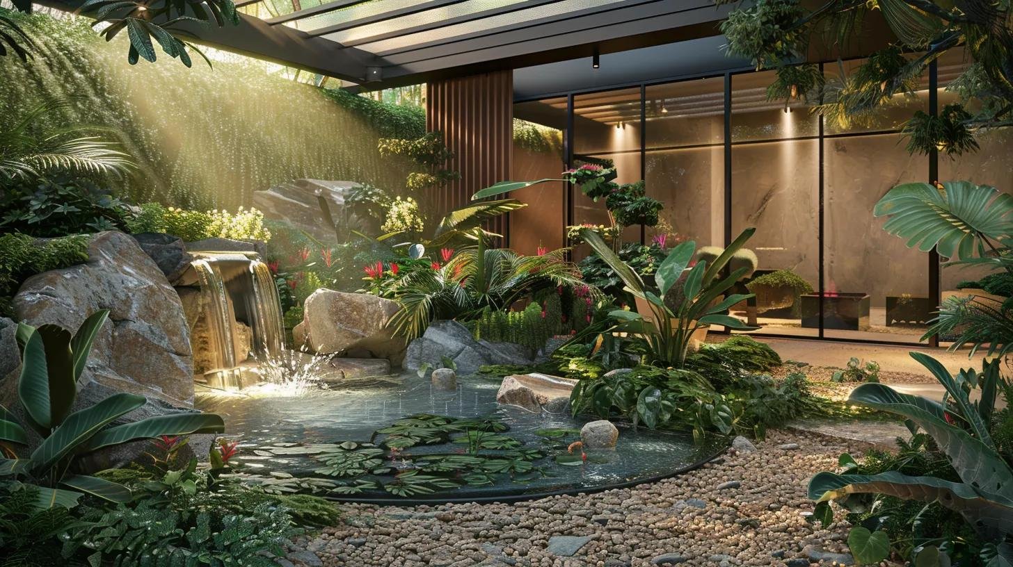 Discover the Advantages of a Rock Garden in Your Yard 6 a meticulously designed rock garden blends seamlessly with a striking solar-powered water fountain, showcasing onyx accents and vibrant plant arrangements that reflect a unique personal style in an elegant outdoor setting.