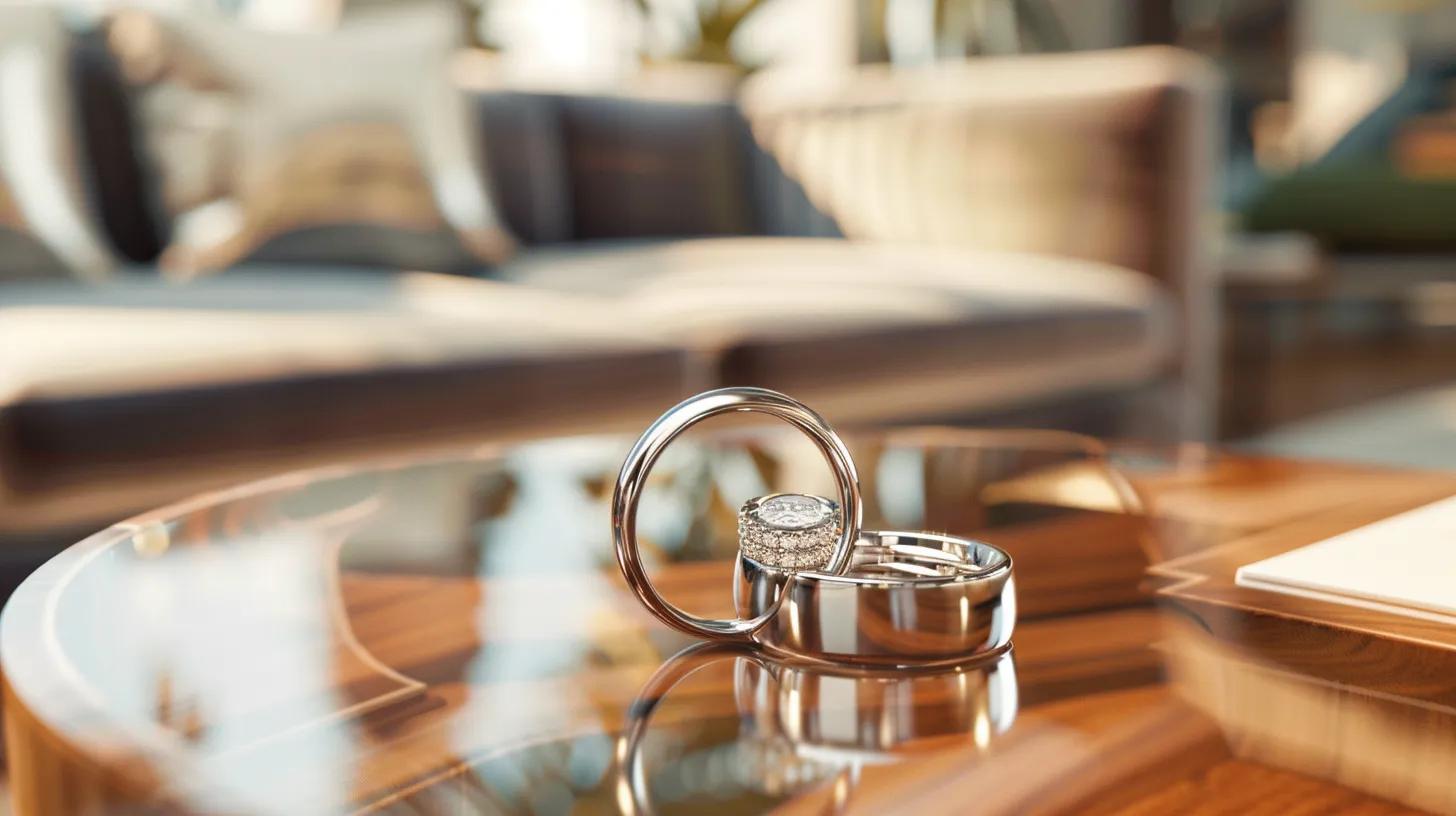 Elegant wedding and engagement rings displayed on a polished wooden table in a modern living space, showcasing luxury and sophistication.