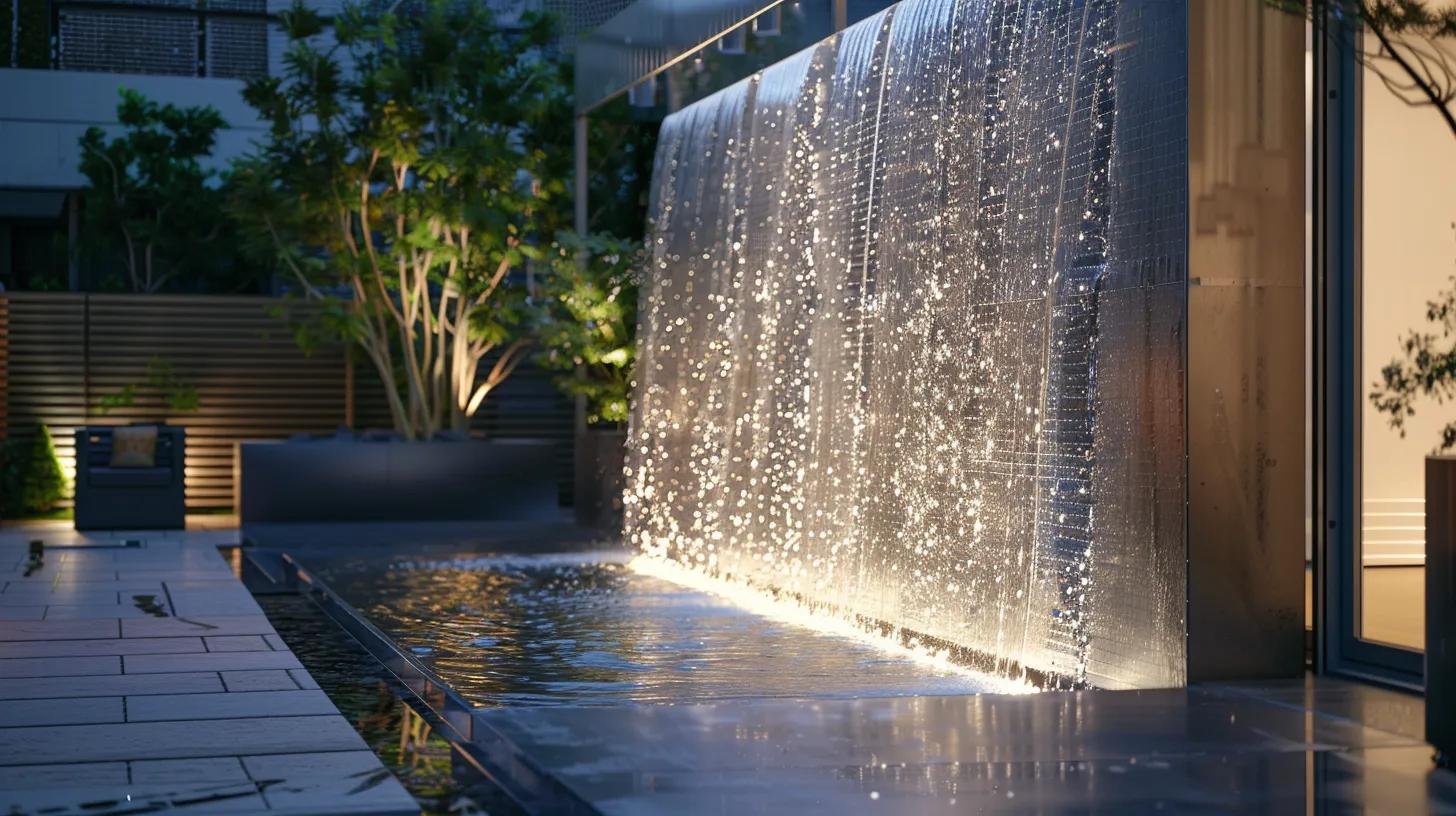 Create Stunning Outdoor Areas With Water Wall Features 2 a contemporary outdoor patio featuring a striking, stainless steel water wall vividly reflecting ambient lighting, seamlessly integrated into the stylish design of the surrounding modern architecture.