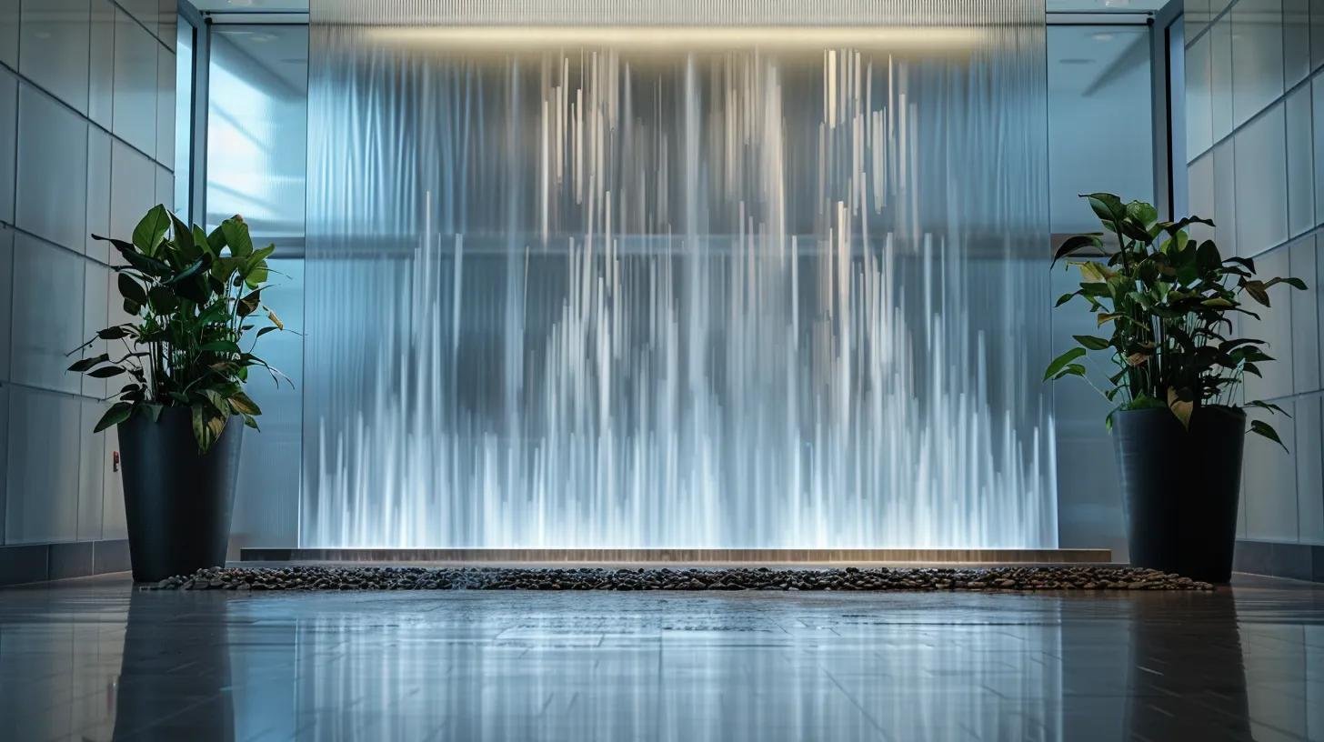 Sleek modern office interior featuring a stunning water wall installation, surrounded by lush greenery in black planters, enhancing ambiance and tranquility.