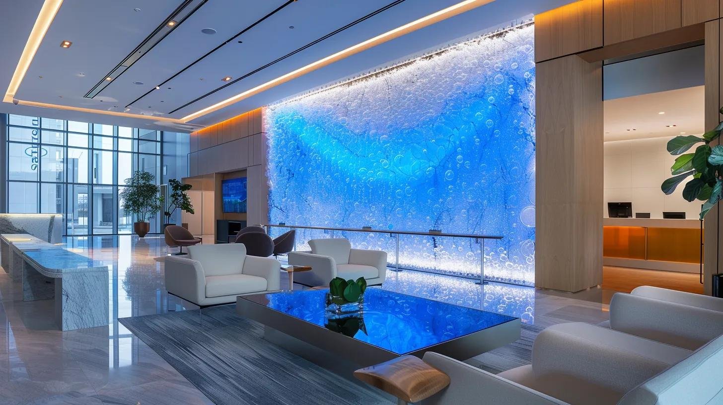 Sleek modern office lobby featuring a stunning bubble wall fountain with blue lighting, elegant seating areas, and a contemporary design aesthetic.