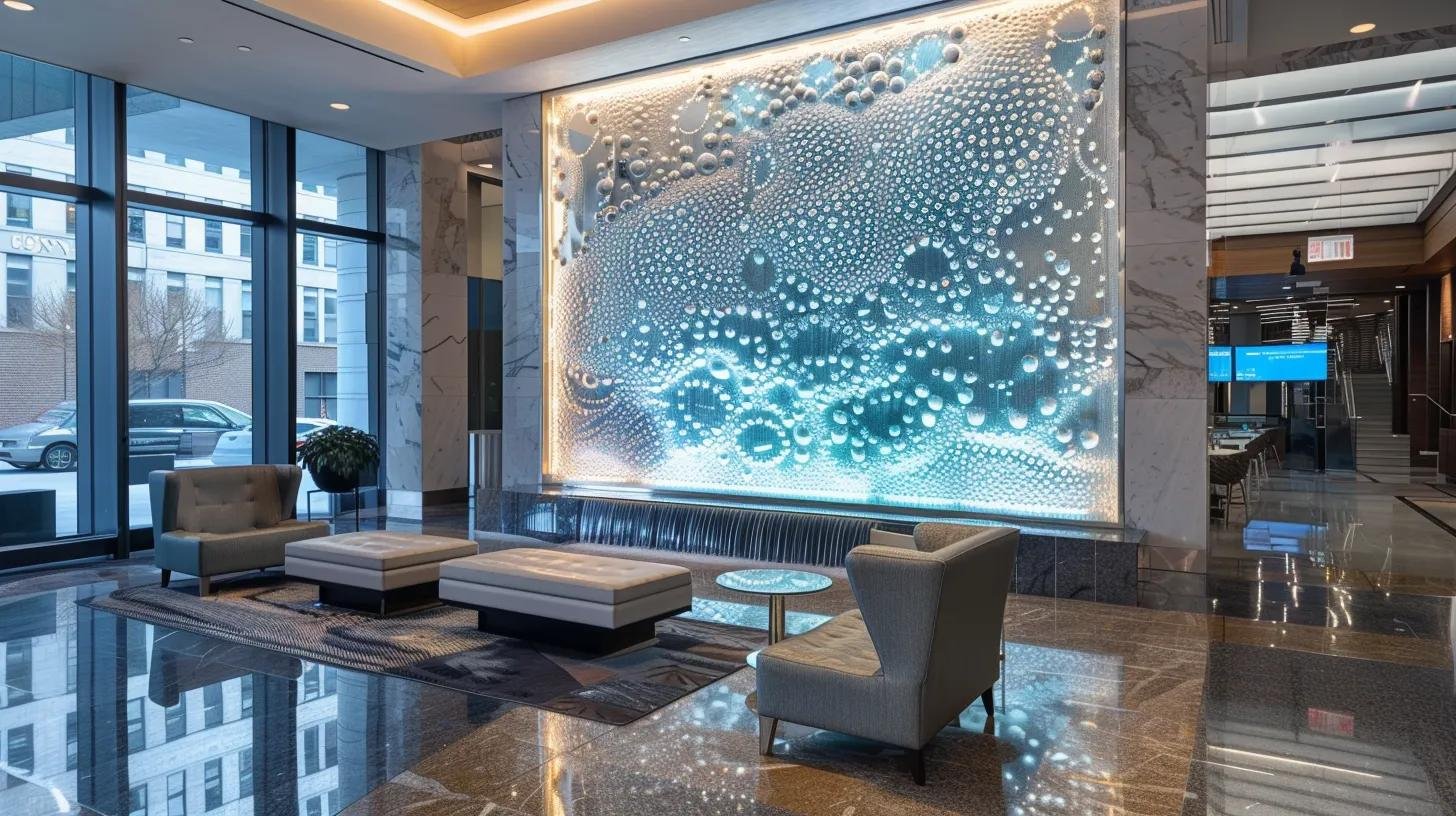 Modern office lobby featuring a stylish bubble wall partition, elegant seating area with gray chairs and ottomans, and a serene ambiance enhanced by illuminated water bubbles.