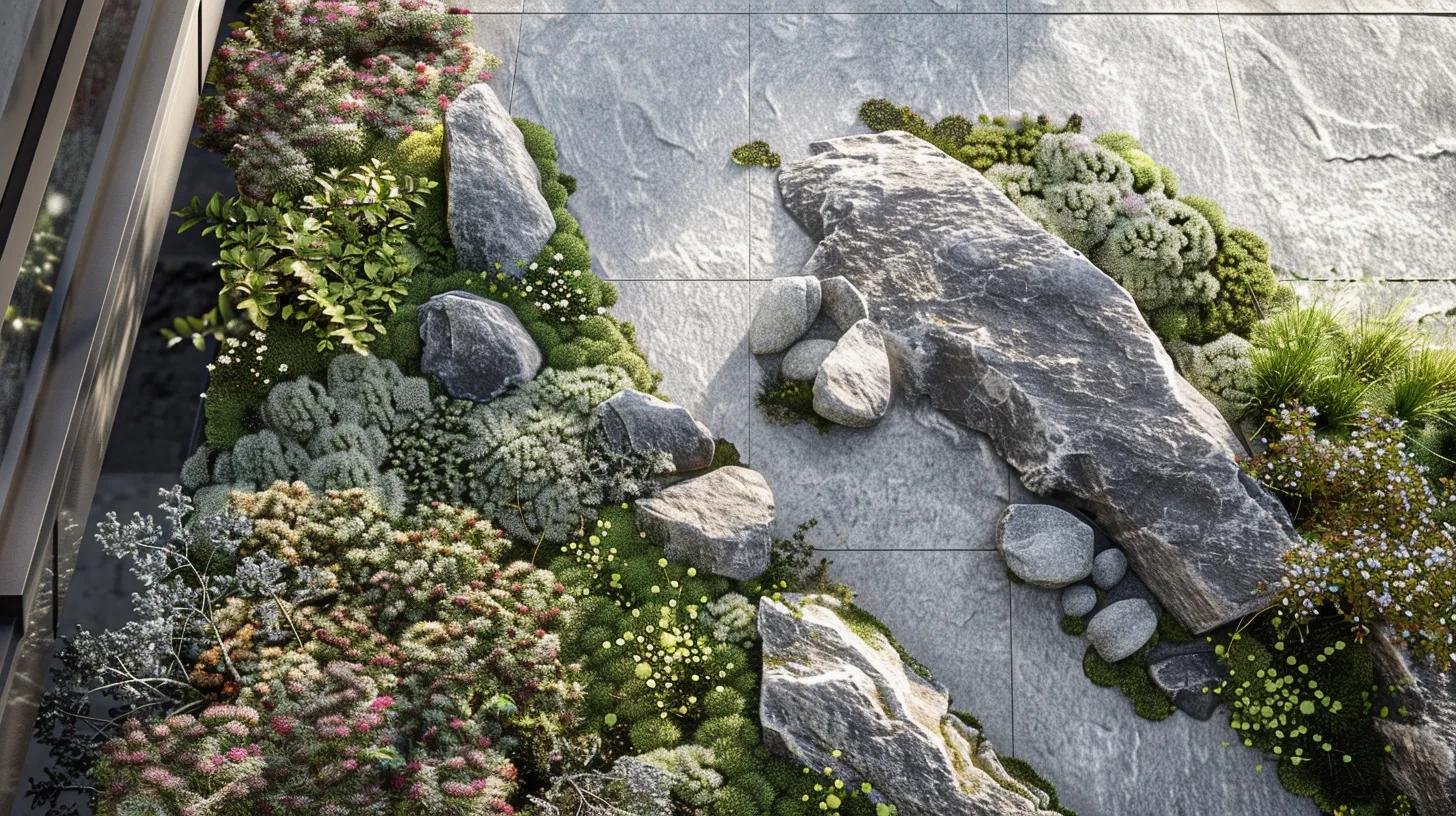 Discover the Advantages of a Rock Garden in Your Yard 1 a meticulously designed rock garden features a harmonious blend of slate and limestone boulders, accentuated by vibrant sedum and pulsatilla, showcasing an elegant interplay of textures and colors in a contemporary outdoor setting.