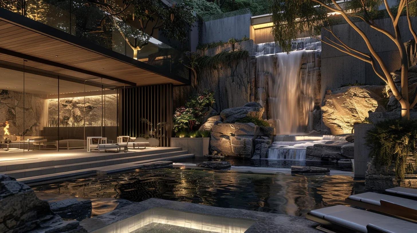 Elevate Your Backyard With Custom Outdoor Water Features 3 a contemporary outdoor patio features a beautifully integrated cascading waterfall surrounded by elegant retaining walls and artful stone formations, illuminated by strategically placed ambient lighting, creating a serene and functional space that harmonizes with its architectural surroundings.