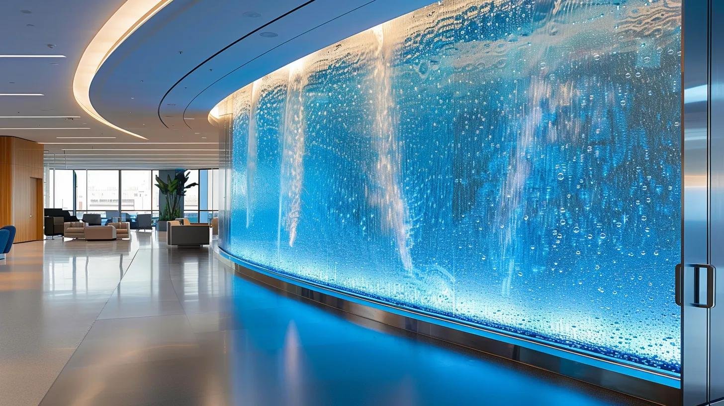 LED Water Bubble Wall: Beautify Your Surroundings 2 a sleek, modern office interior showcases an elegant led water bubble wall with customizable lighting effects and flowing water, emphasizing cutting-edge design and innovation in a professional setting.